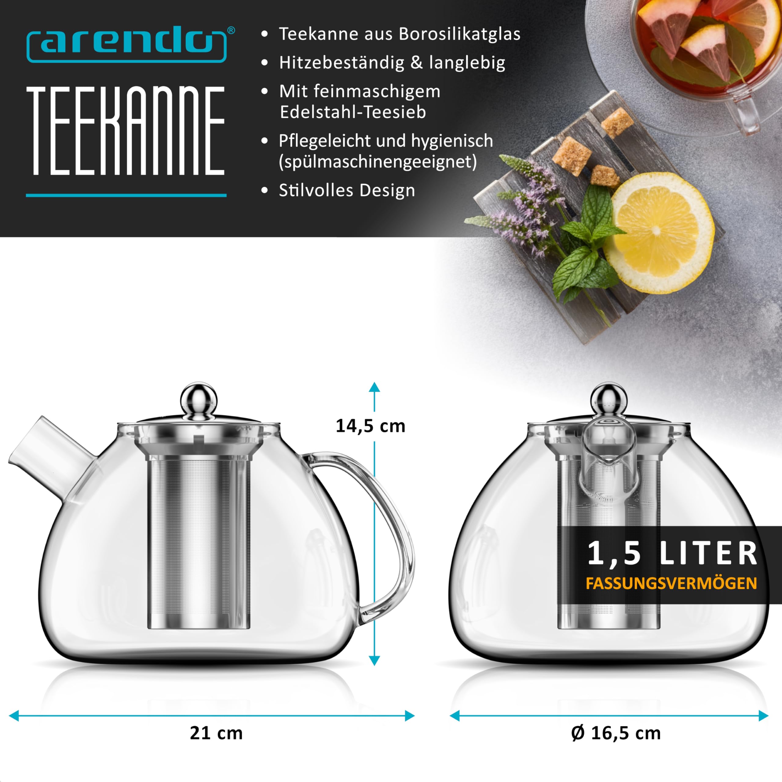 Arendo - Teekanne Glas mit Sieb - 1500 ml – aus Borosilikatglas – mit Edelstahlsieb – feinmaschig – hitzebeständig – Glasteekanne – für losen Tee Kräutertee Früchtetee – Teekocher – langlebig – feinma