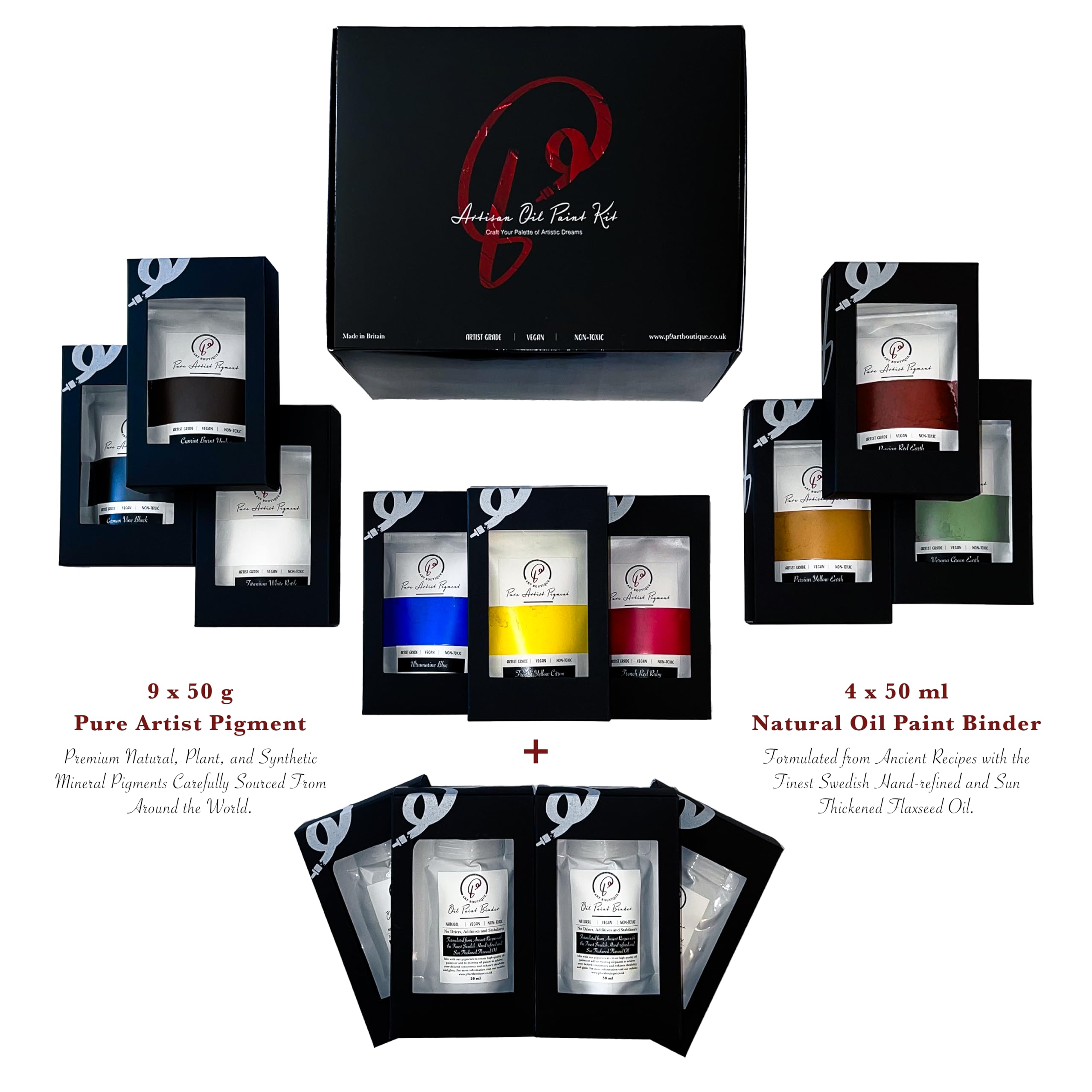 P9 Art Boutique Black P9 Artisan Oil Paint Kit - Non-Toxic & Vegan Diy Oil Paint Making Set With 9X50g Natural Pigments & 4X50ml Traditional Oil Binder - Complete Set For Professional & Hobbyist Painters