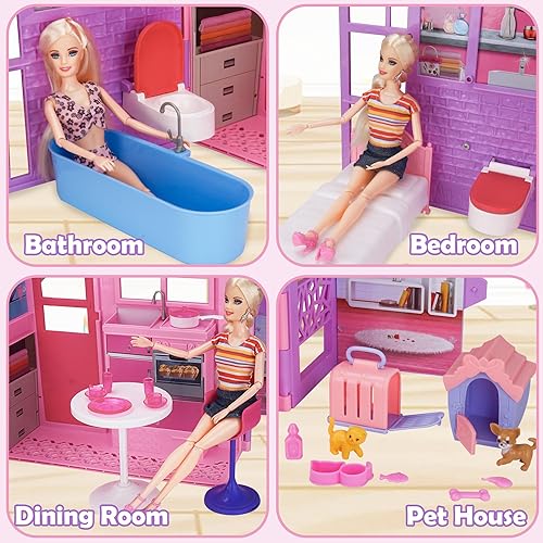 Miniatura 6 de BETTINA Casa de muñecas plegable para muñecas de 12 pulgadas, casa de muñecas de 2 pisos con loft, habitaciones de mascotas, más de 40 piezas de