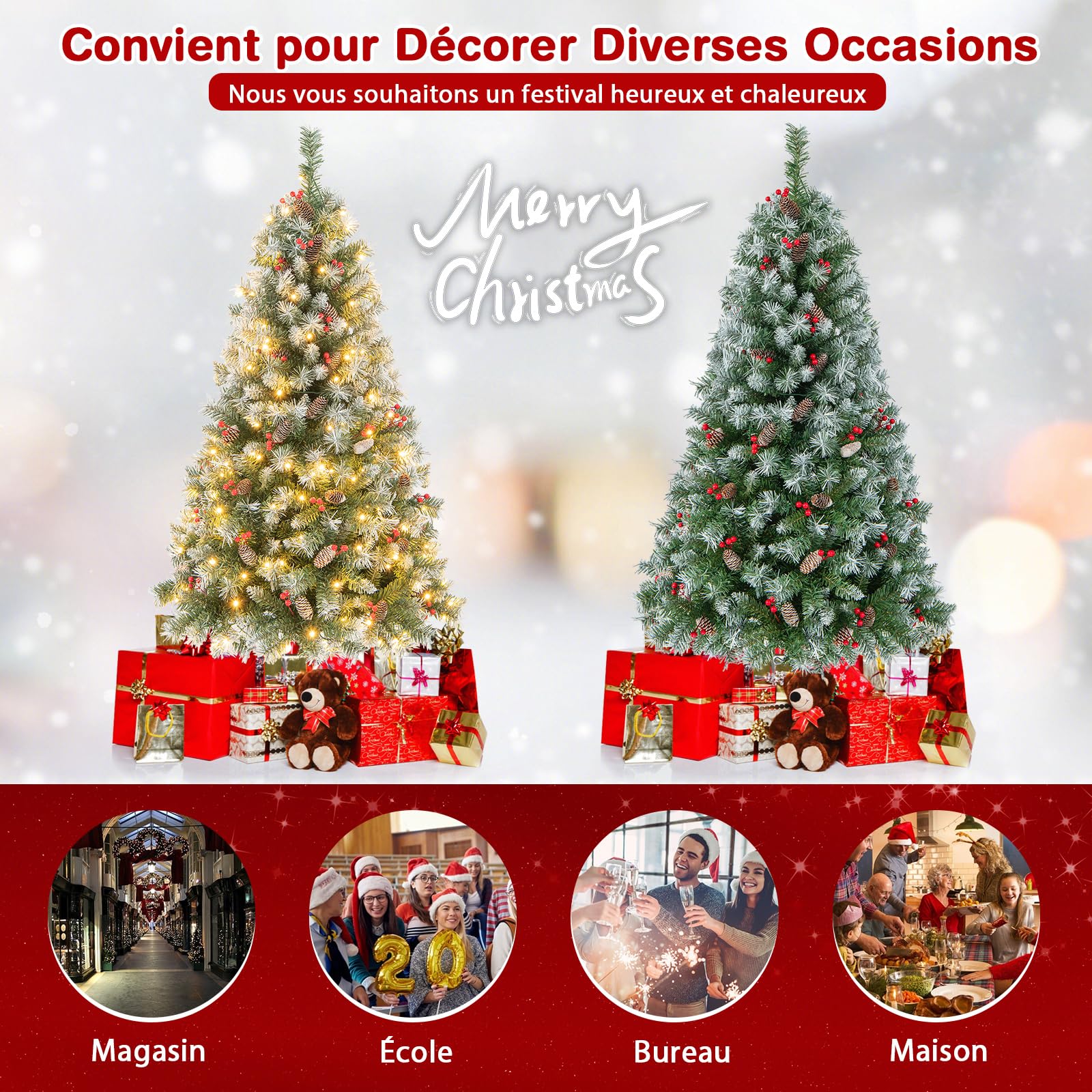 COSTWAY Sapin de Noël 150 cm, 450 Branches Articulées avec 200 LED Blanc Chaud, 8 Éclairage, Baies Rouges & Pommes de Pin, Arbre de Noël pour Fêtes, Bureau, Maison(150 cm)