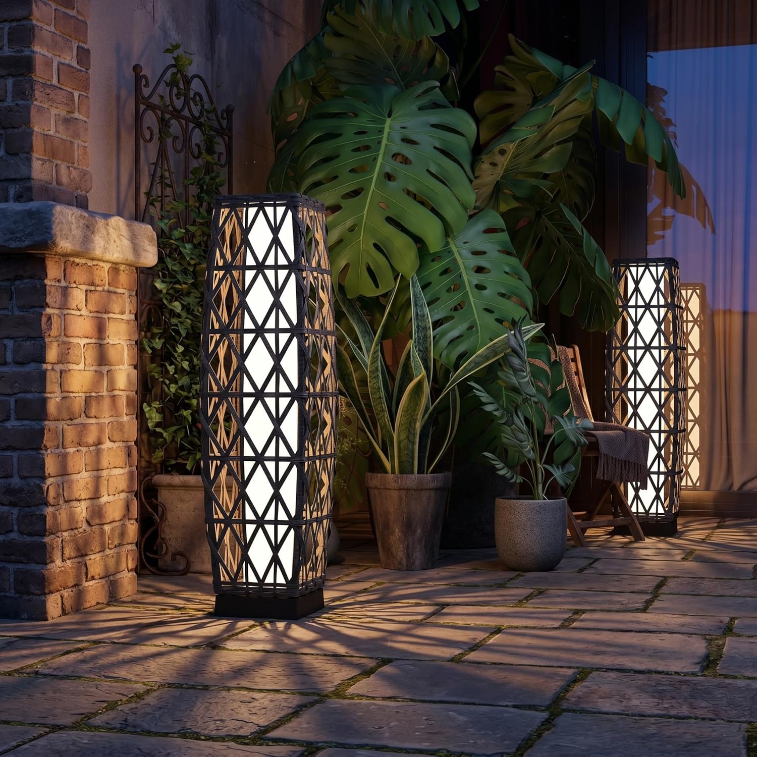 Solar Yard 2-Piece Outdoor Floor Lamp Solar Lantern Waterproof Wicker Boho Deck Lights for Garden Porch Decor, Large Cindy