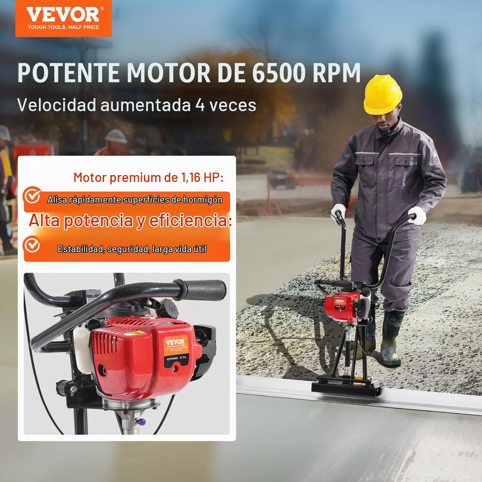 VEVOR Regla Eléctrica para Hormigón Gas 1830 mm Kit Flotador de Barra de Borde Recto de Aluminio 6500 rpm Acabado Cemento de 4 Tiempos con Mangos Regulables en Altura Herramienta para Hormigón
