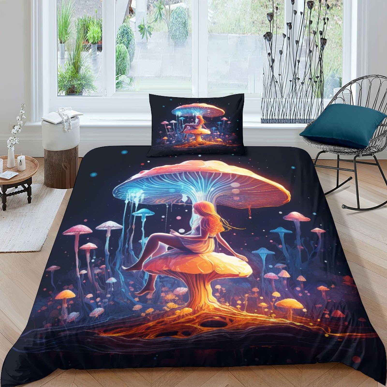 Aaharya Elf Fairy Duvet Cover Set Bedding Set 3D Mushroom Microfiber Polyester Comforter Cover With Pillow Shams,Zipper Quilt Cover Single（135X200cm）