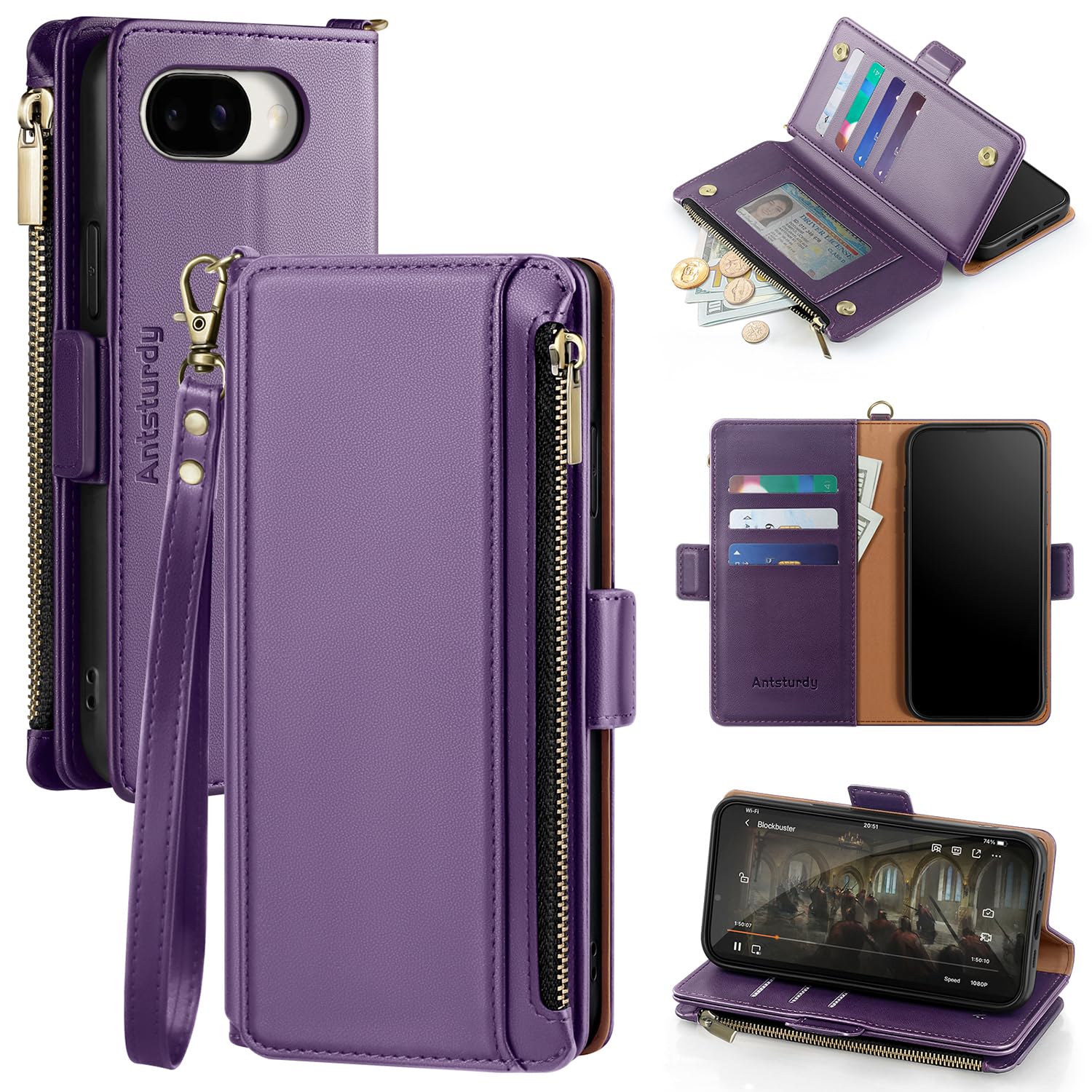 Antsturdy Compatible with Google Pixel 9a Wallet Case with Card Holder Women Men Phone Case RFID Blocking PU Leather Flip Protective Cover Wrist Strap