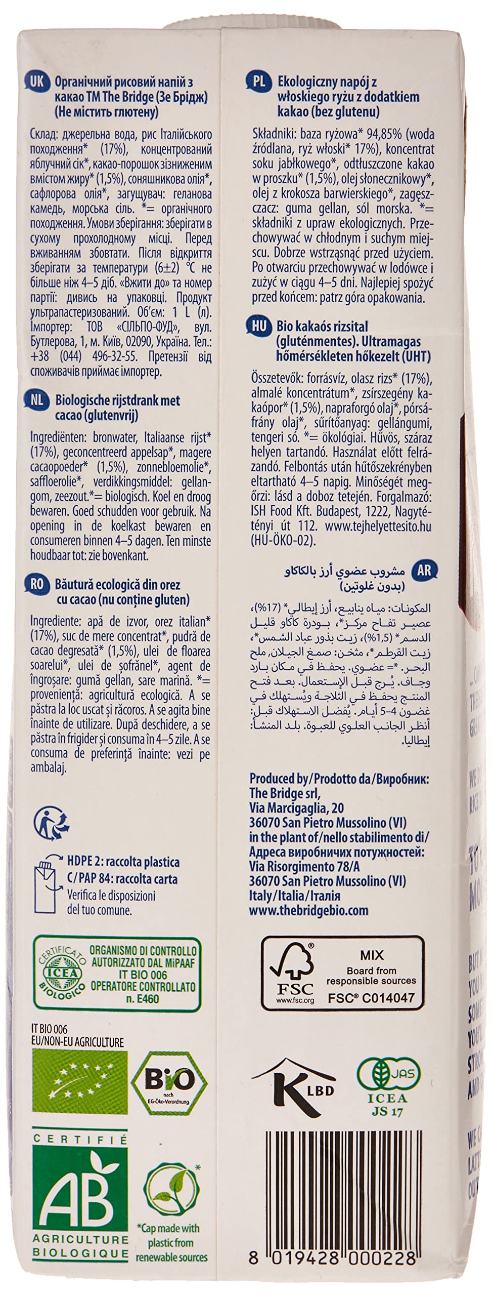 Bio Leche de Arroz Choco 1000 ml Bebida Vegetal Sin Lácteos
