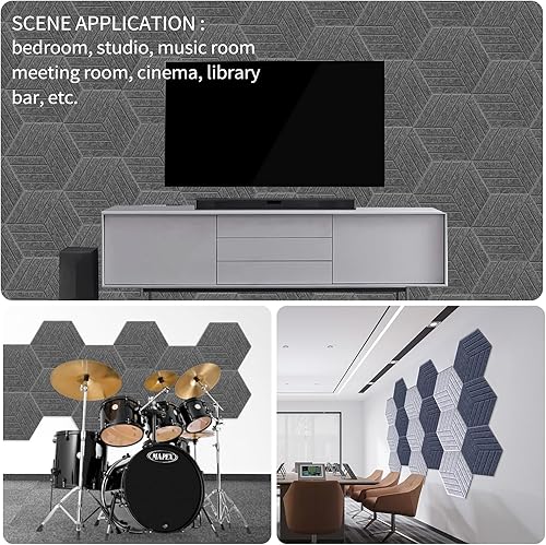 Miniatura 5 de Paquete de 12 paneles acústicos hexagonales autoadhesivos, paneles acústicos de 14 x 12 x 0.4 pulgadas, absorbentes de sonido, espuma insonorizada