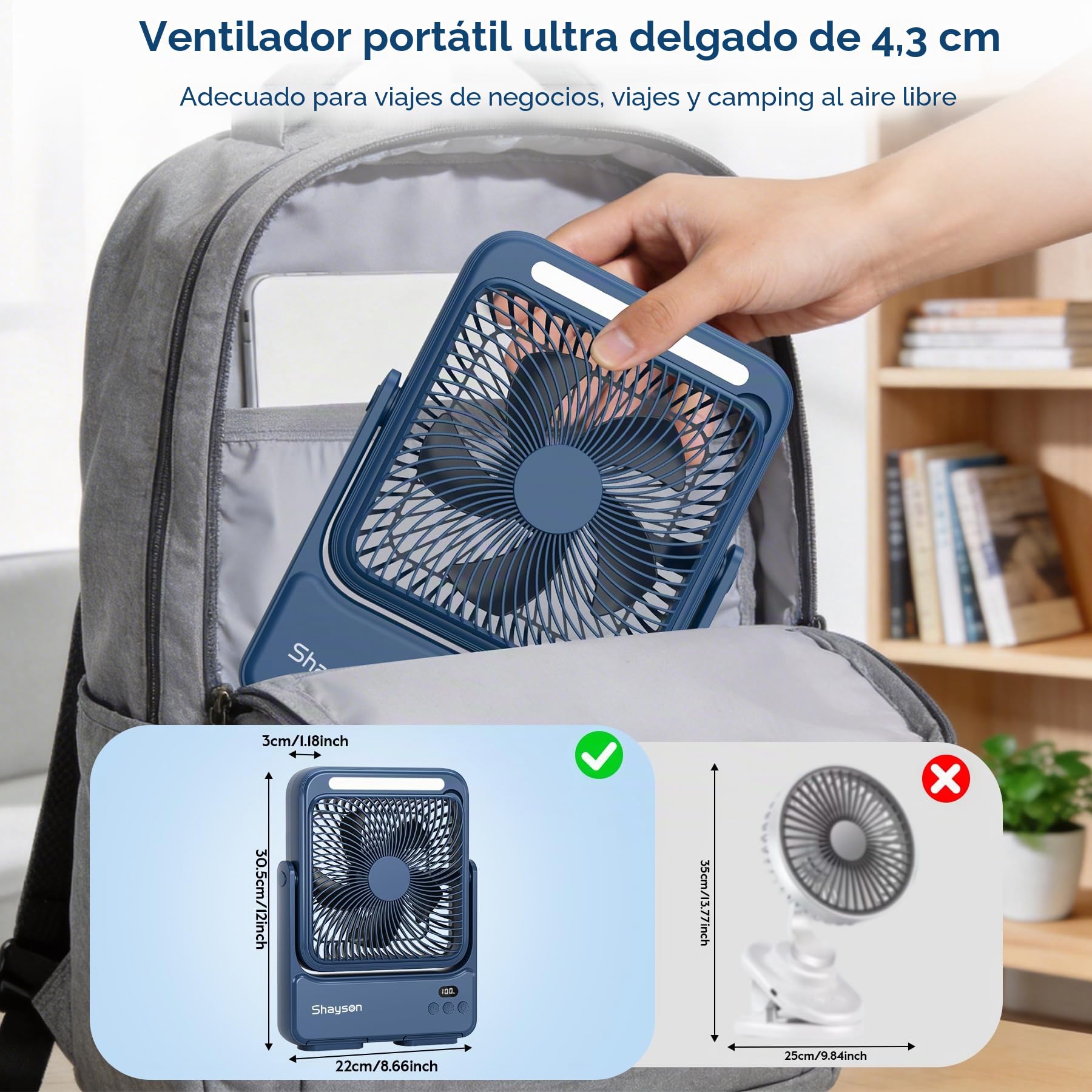 Ventilador Portatil 20000mAh Camping Ventilador USB con Luz LED,4 Velocidades,12-43 Horas de Funcionamiento,Pantalla Inteligente,Bajo Ruido, para Oficina/Hogar/Viajar/Acampar (Azul)