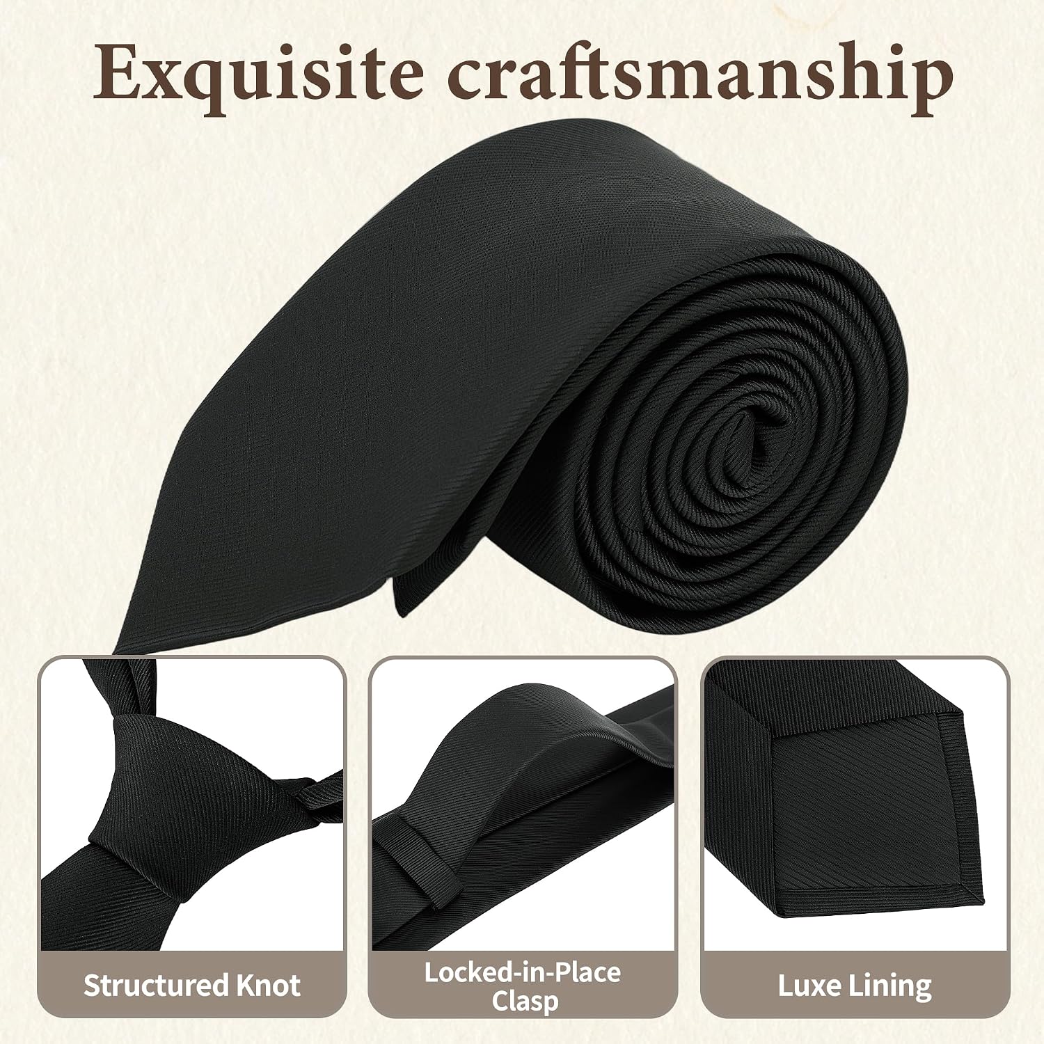 FIXSMITH Ties for Men, Solid Color Neckties, Mens Black Tie, Neck Ties Formal for Wedding, Business, Party