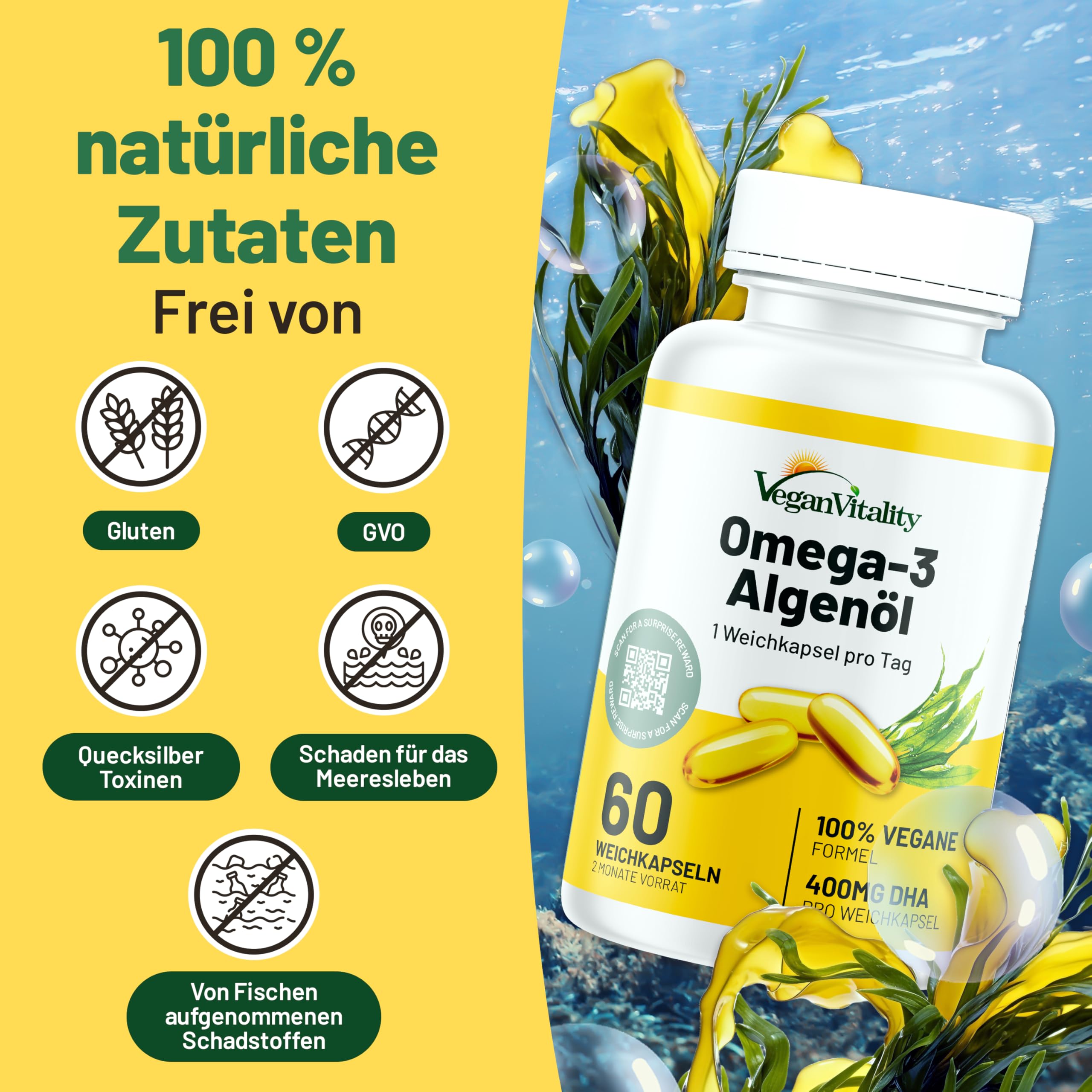 Omega 3 Algenöl x2 Pack Hochdosiert – 400 mg DHA pro Portion, 120 Weichkapseln (4 Monate), Veganes DHA Algenöl für Veganer & Vegetarier – Vegan Vitality