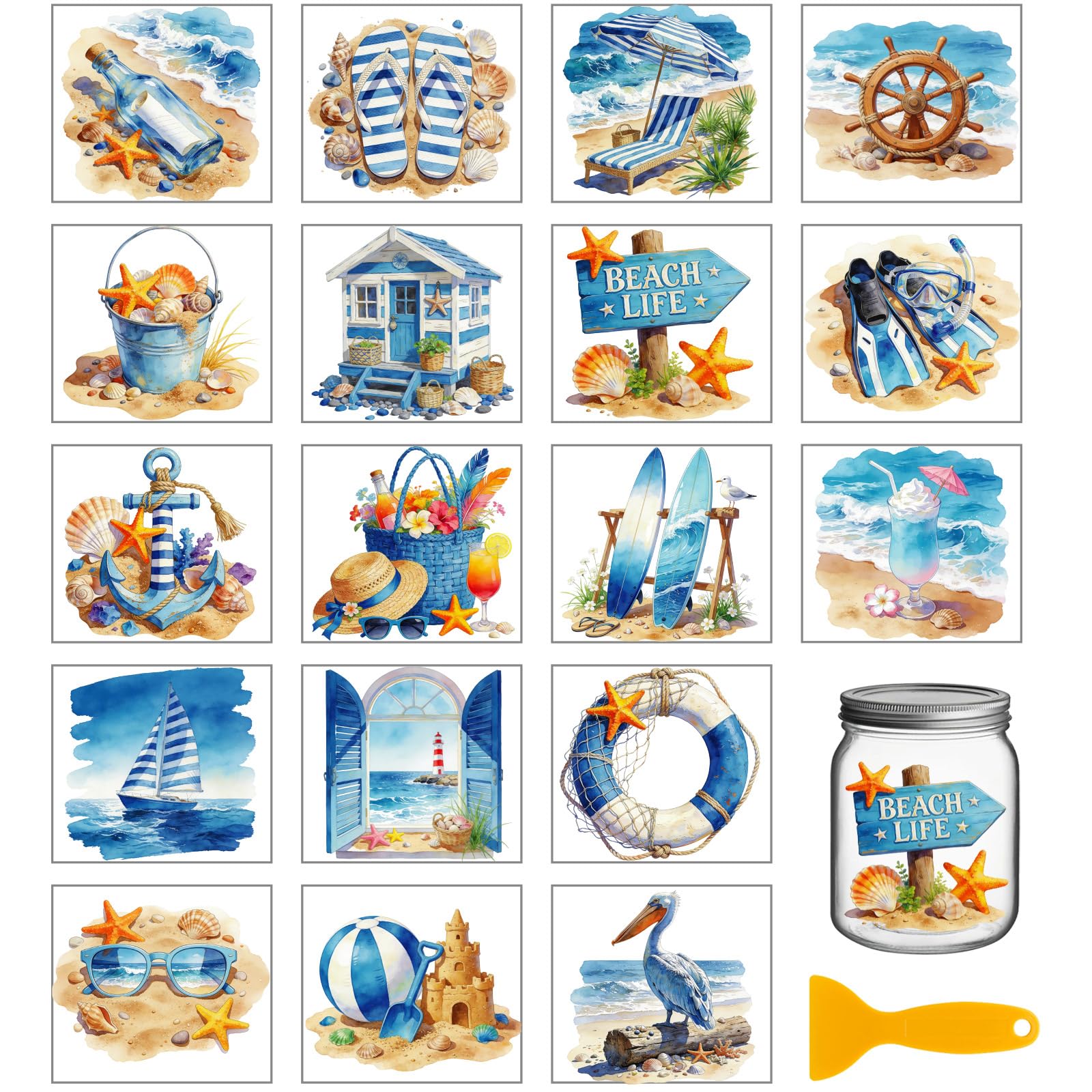 GLOBLELAND 18 Sheets Summer Seashells Swimming Rings Rub on Transfers Ocean Transfer Stickers Decals Watercolor Blue Summer Theme Cup Stickers Decals for Furniture Vase Glass Bottle Table Decor