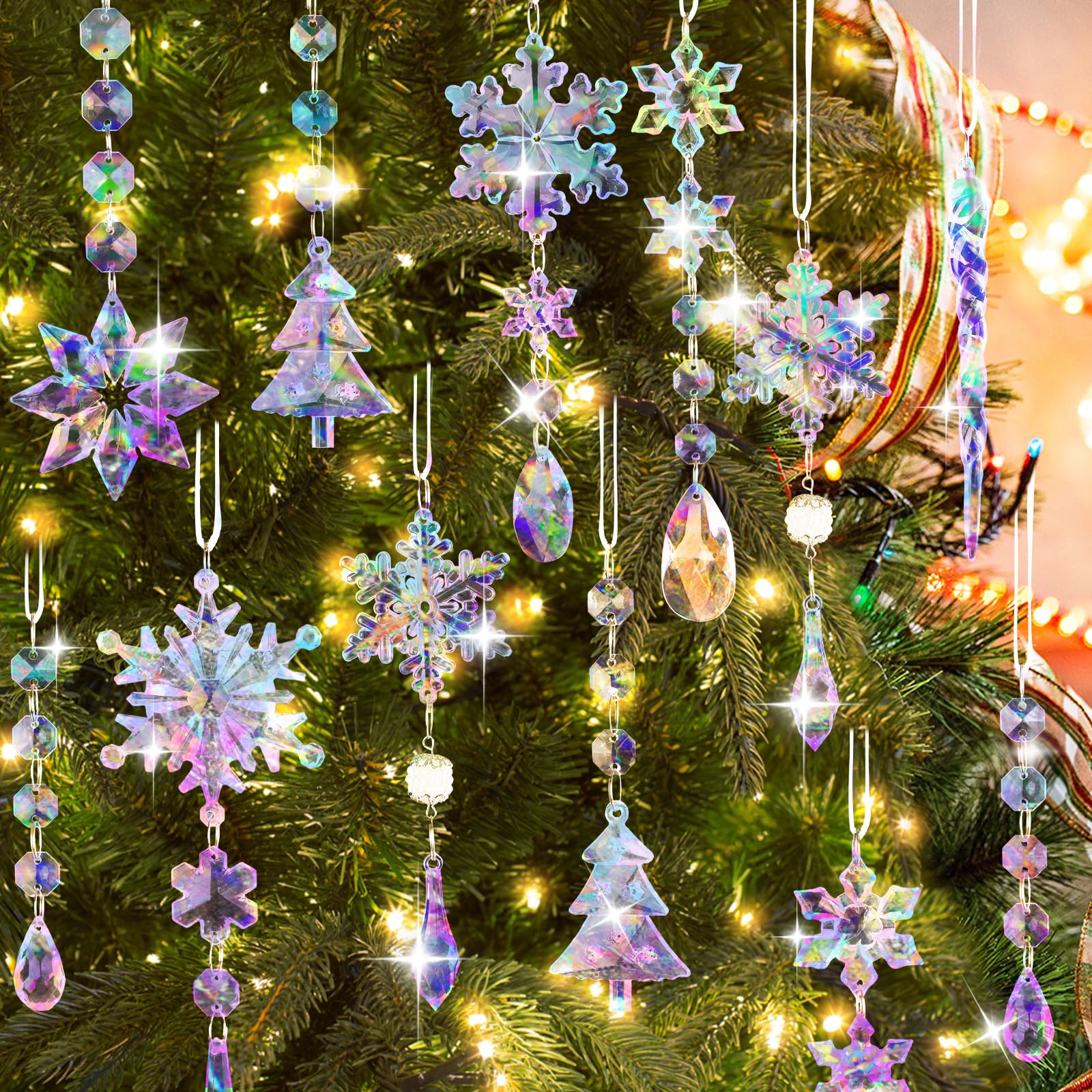 Lanpn 22pcs Christmas Ornaments Crystal Christmas Tree Decoration, Hanging Clear Acrylic Snowflake Icicle Drop Crystal Pendant for Xmas Tree Winter New Year Outdoor Indoor Party Decoration (Colorful)