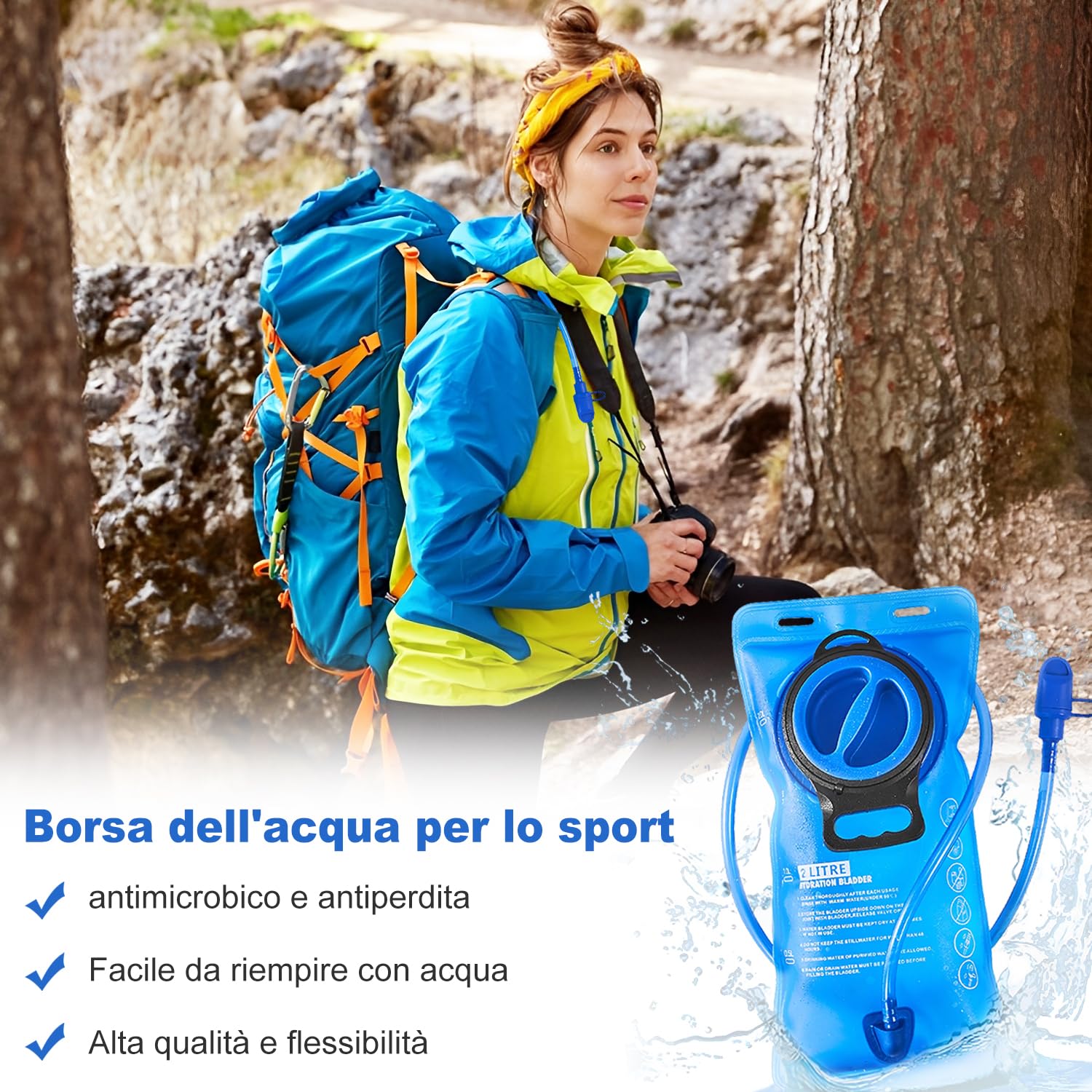 Bolsa de hidratación portátil de 2 l, con tubo para beber, para ciclismo, escalada, correr, senderismo al aire libre, azul, negro, verde