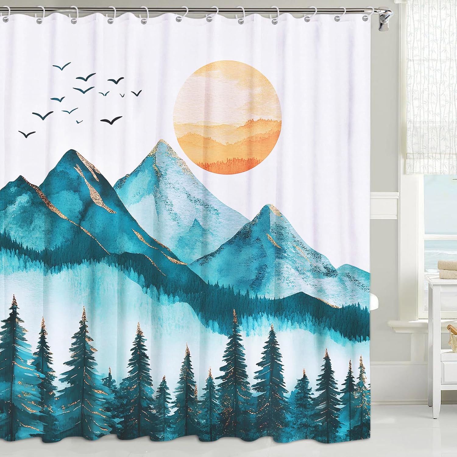 Colorful Mountain Shower Curtain, Bright Nature Art Forest Pine Tree Sunset Landscape Shower Curtain for Bathroom Country Natural Scenery Bathroom Decor Polyester Fabric Curtain with Hooks
