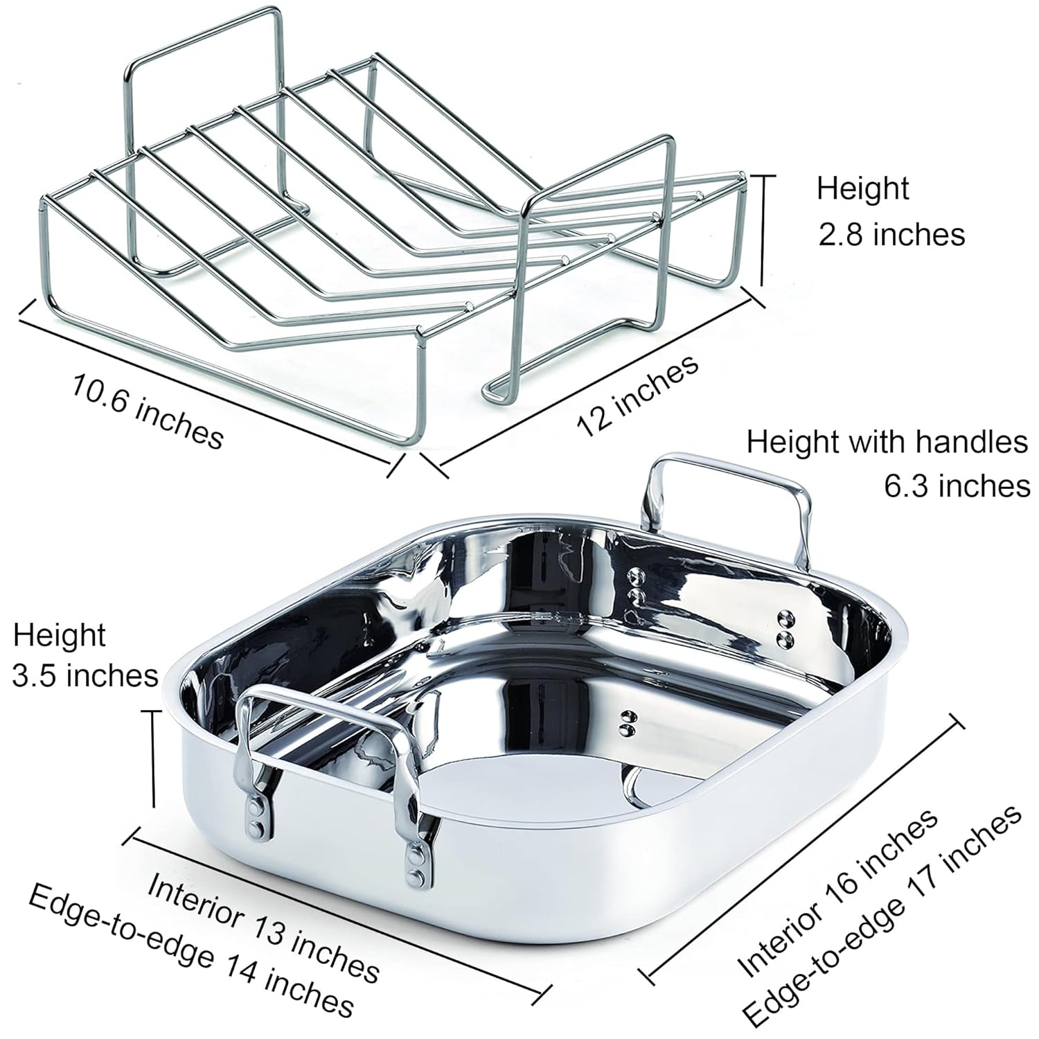 Cooks Standard Stainless Steel Roaster Pan with V-Shaped Rack, Inner 16-Inch x 13-Inch; Edge 17-Inch x 14-Inch; Turkey Roasting Pan Bakeware for Oven, Rectangular
