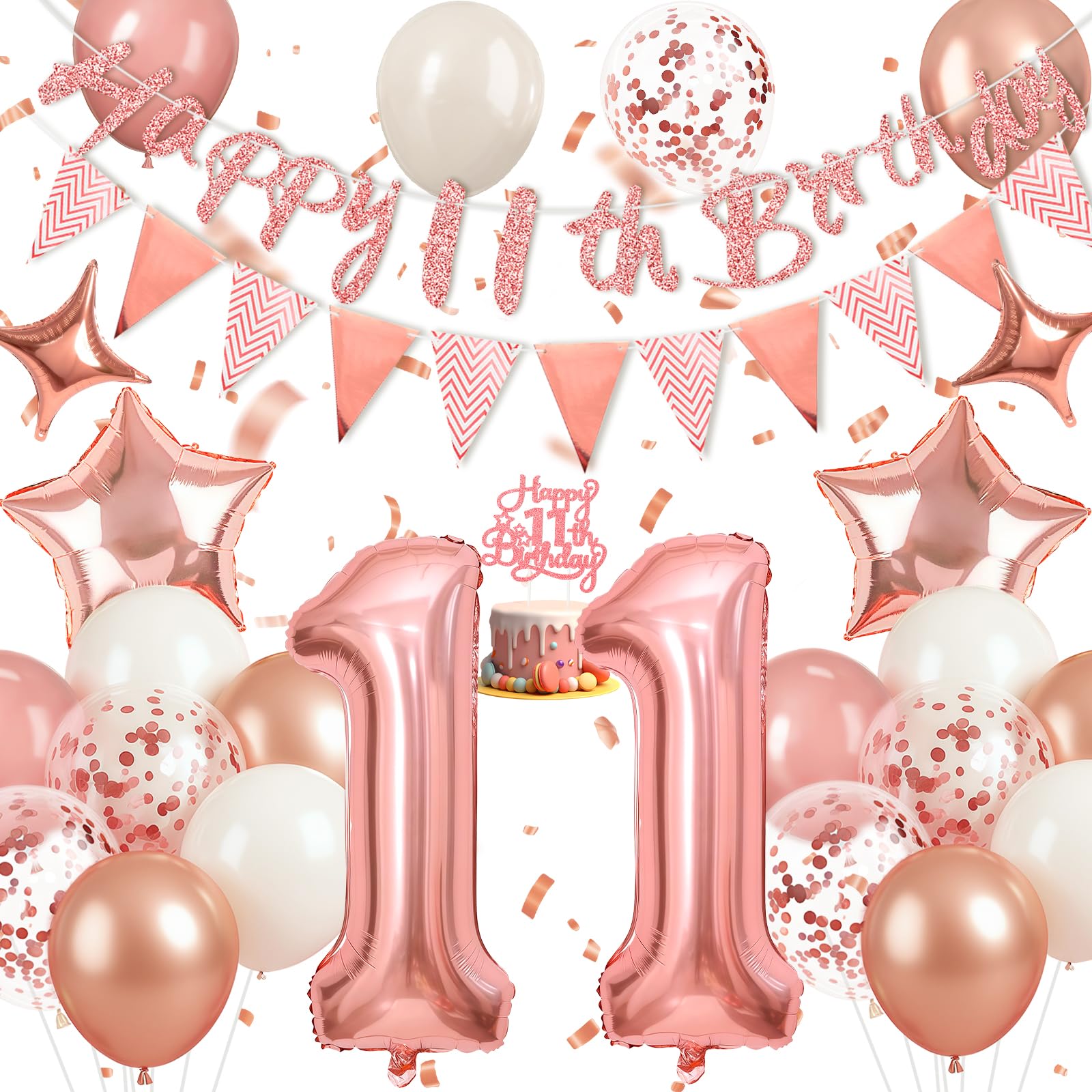 Happivue 11th Birthday Decorations, Sweet 11th Birthday Balloons Party Decoration With Banner, Cake Toppers and Triangle Flags, Foil Balloon, 11 Years Old Rose Gold Birthday Gifts for Her — image 1