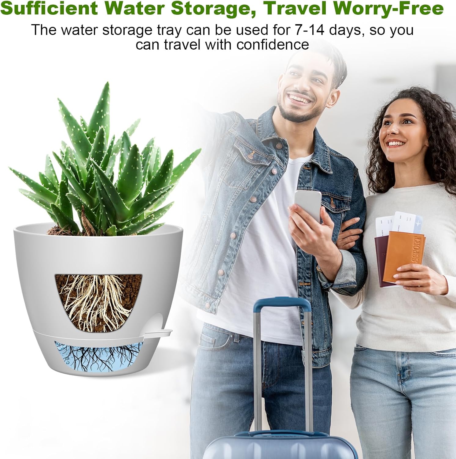 12 Inch Large Self Watering Pots, Flower Pots with Multi-Mesh Drainage Holes and Saucer, Planters for Indoor and Outdoor Garden Plants (White)