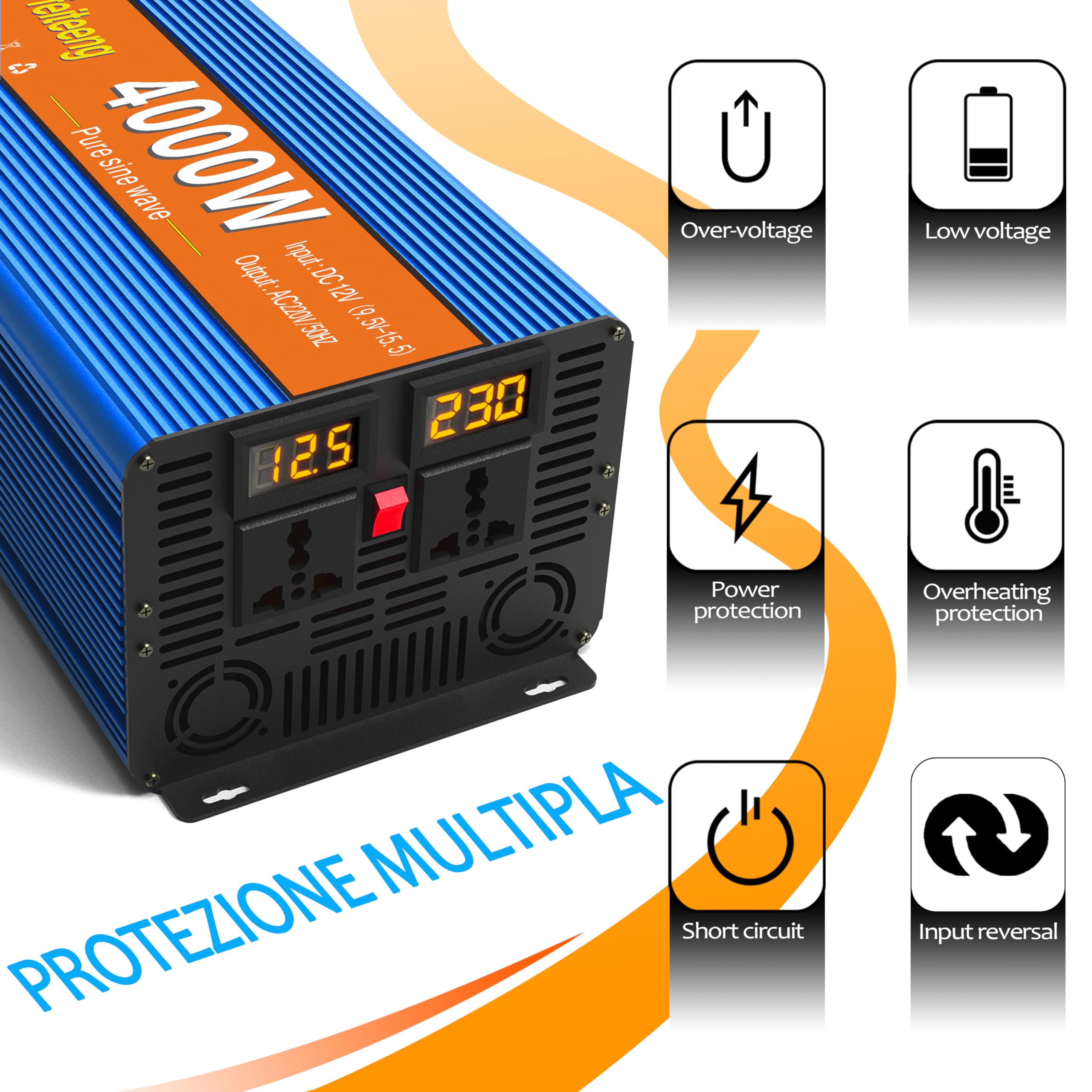 Convertisseur Pur Sinus 4000W (Pic 8000W) 12V 220V 230V, onduleur Solaire avec 2 écrans LCD, 2 Prises CA, convertisseur de Tension pour véhicules, Voiture Solaire, Camping-Car, appareils ménagers