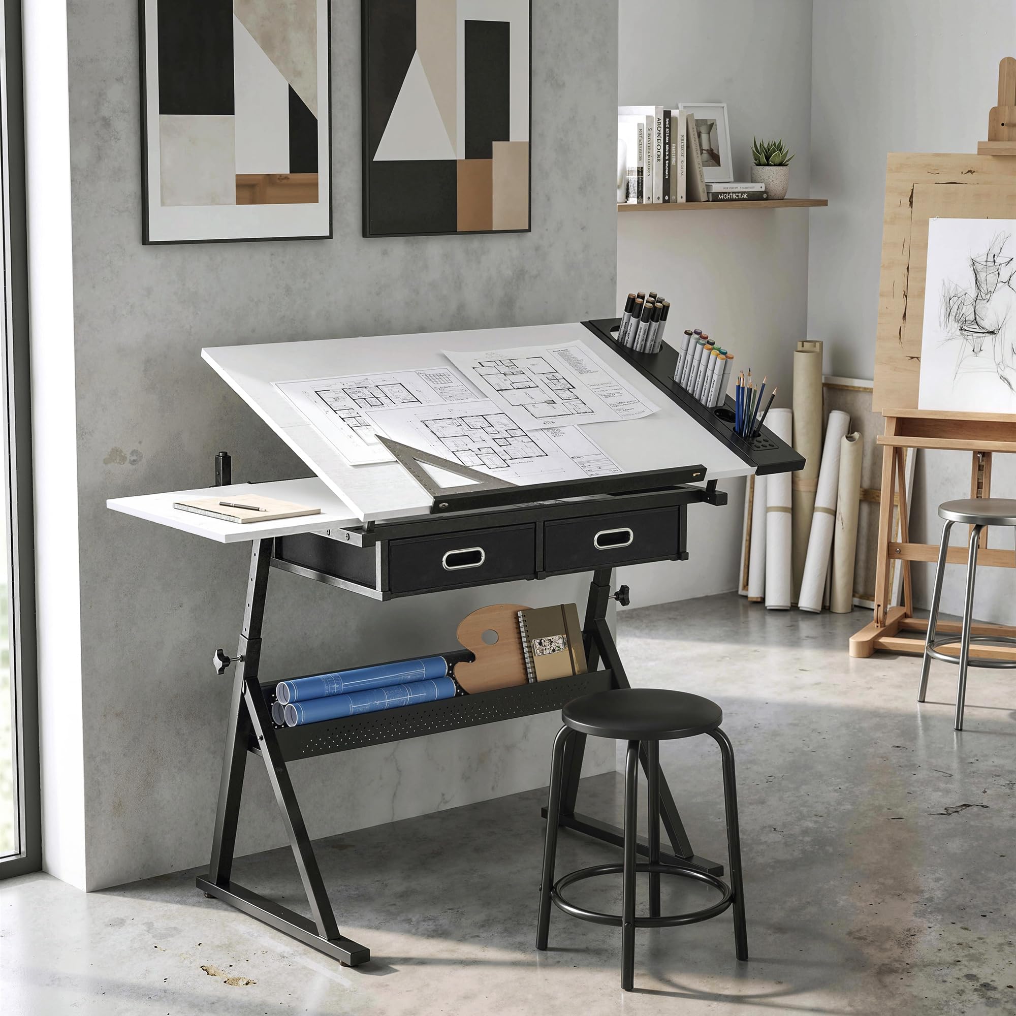 HOMCOM Zeichentisch mit Hocker Architektentisch höhenverstellbarer Arbeitstisch mit neigbarer Tischplatte und 2 Schubladen Schreibtisch Schülerschreibtisch für Architekt & Künstler, Weiß