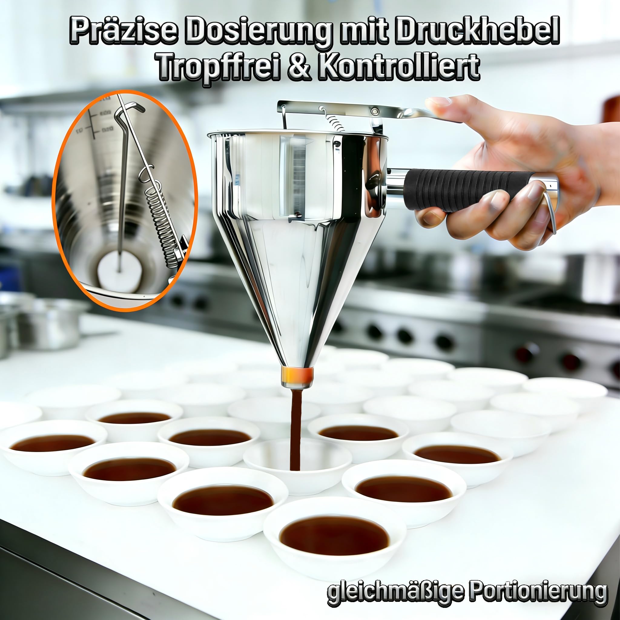 Dosificador de masa de acero inoxidable, 1200 ml, con escala y mango de silicona, 1 unidad, dosificador profesional con palanca de presión, 7 boquillas de silicona, soporte y bandeja de recogida para