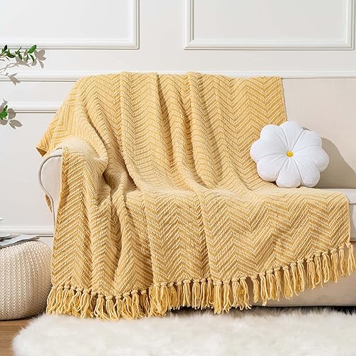 Miniatura 8 de BATTILO HOME Manta dorada para sofá, manta de punto amarillo versátil para silla, manta supersuave y cálida mostaza con borlas para cama individual,