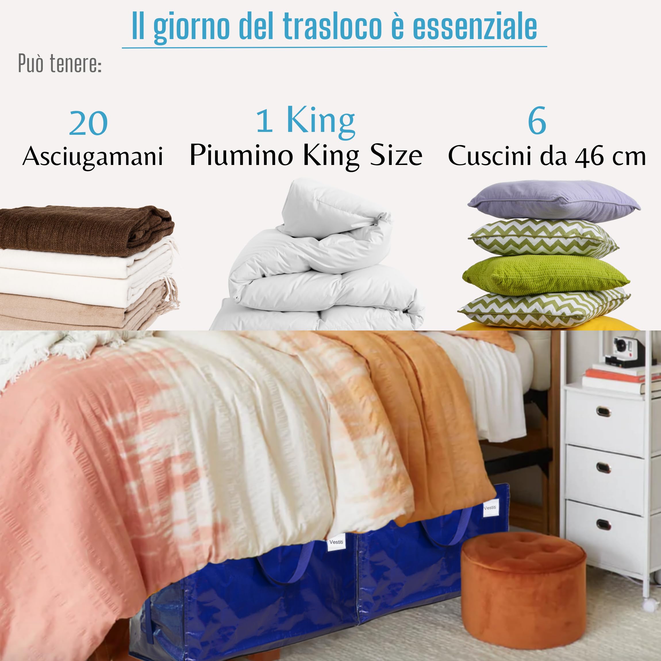 VENO Set da 6 Borsa da 100 l trasloco grandi con cerniere e manici rinforzati, resistenti scatole per trasloco, sacchi vestit per traslochi, stoccaggio, viaggi, campeggio (Blu, Set da 6)