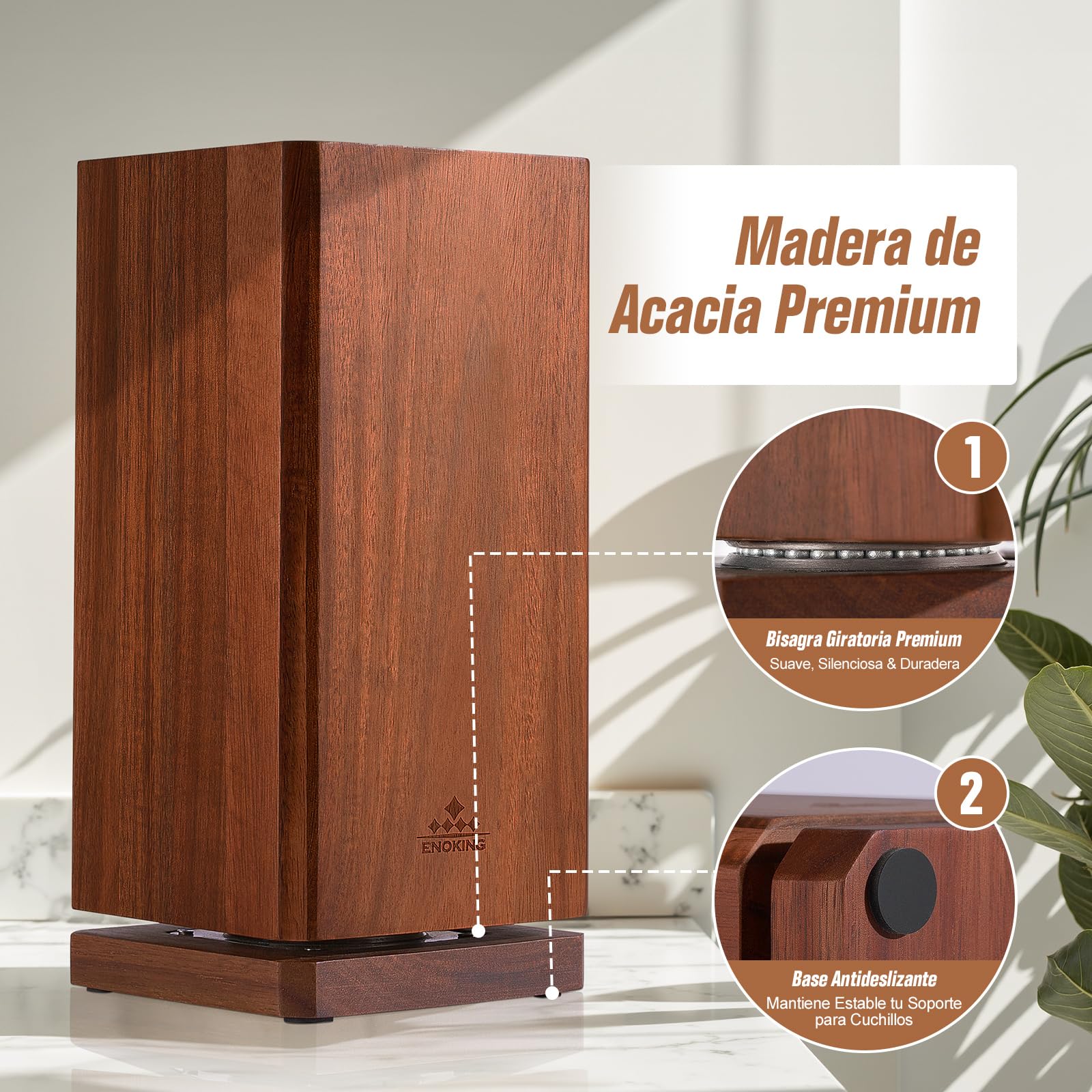 ENOKING Soporte Cuchillos Cocina Giratorio 360°, Porta Cuchillos Cocina con Cerdas, Soporte Cuchillos de Madera de Acacia, Organizador Cuchillos Magnético para Cuchillos y Utensilios