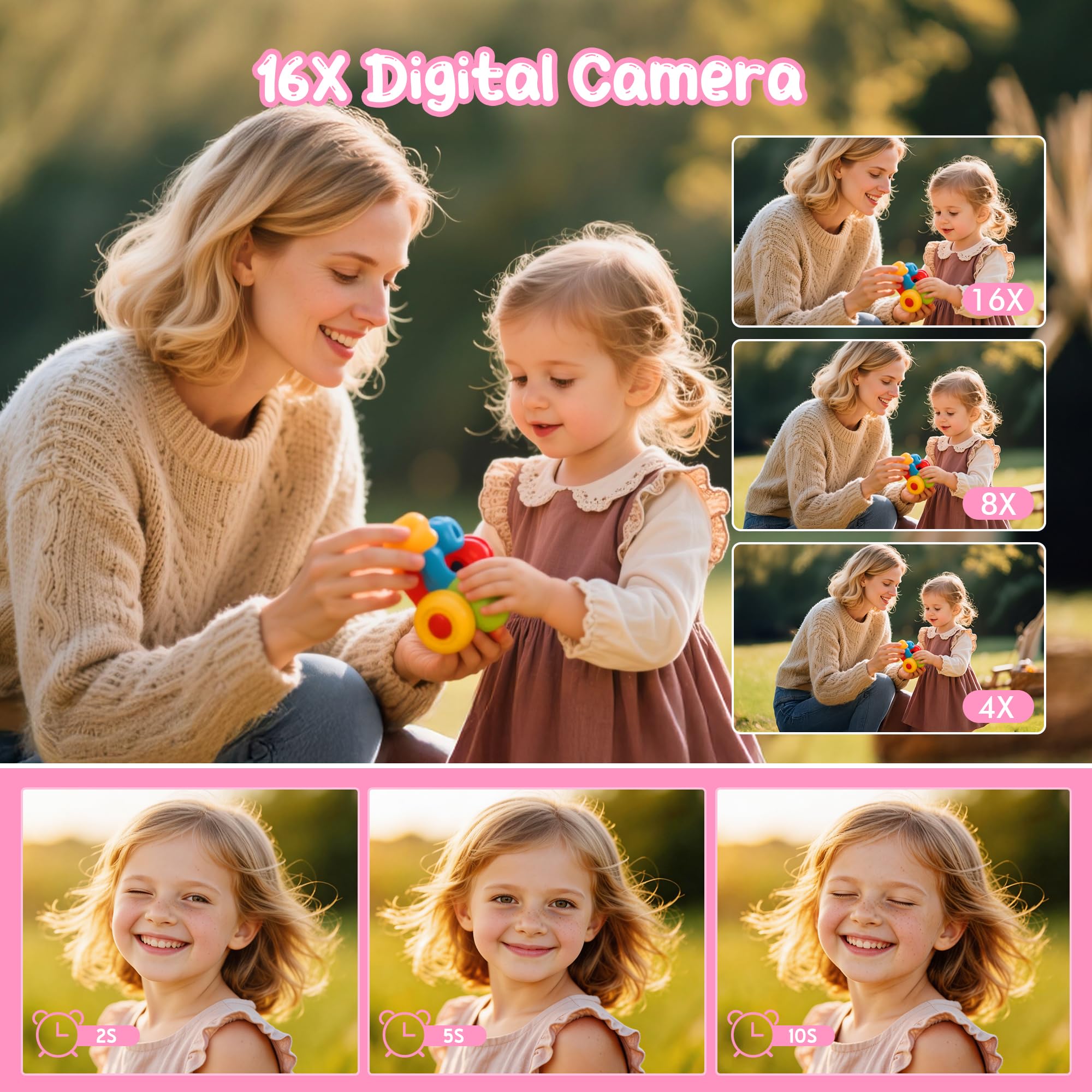 Fotocamera Digitale 1080P 44MP Macchina Fotografica Vlogging per Bambini Ragazzi, FHD Compatta Portatile con Schermo da 2,4" Zoom 16X, Mini Fotocamera Anti-Shake per Principianti Studenti-Rosa - 3