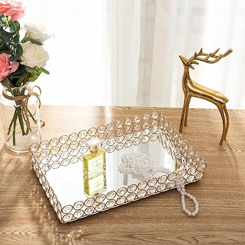 Miniatura 8 de Feyarl Bandeja de perfume de maquillaje de cristal, bandeja decorativa con espejo para el cuidado de la piel para decoración del hogar, tocador,