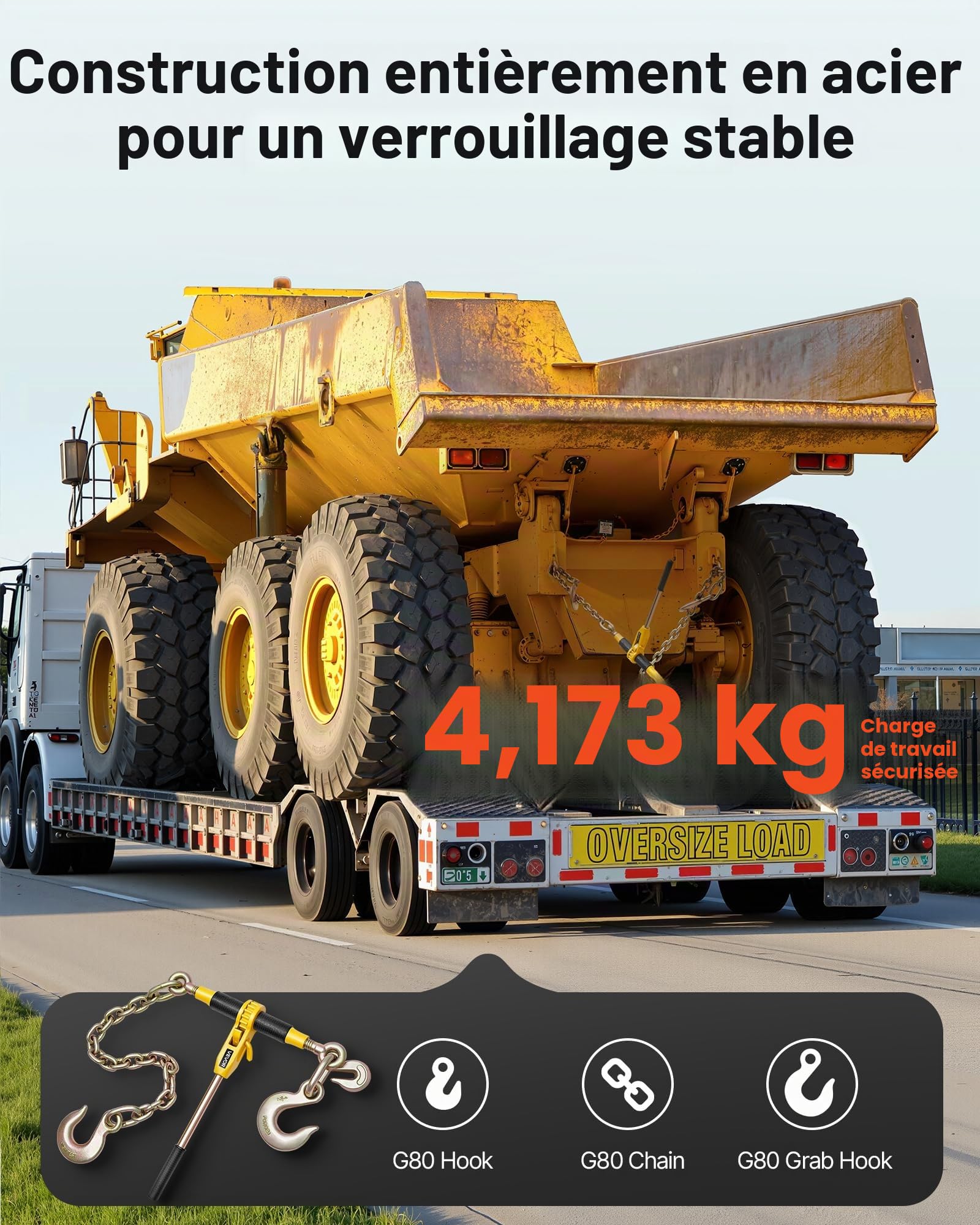 VEVOR Tendeur à Cliquet avec Chaîne d'Arrimage G80 10 mm x 62 cm, Lot de 2, Charge 4173 kg, Attaches de Chaîne Transport Compatible Chaînes 10-12,7 mm pour Sécuriser Charges, Remorque Camion à Plateau