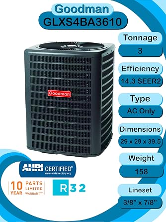 Goodman 3 Ton 13.4 SEER2 R32 Air Conditioner Condenser, Model GLXS3B3610, Black