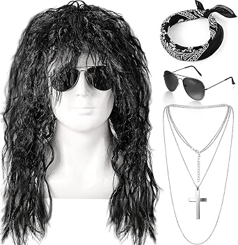 Janinka 4 Pcs Mens 80s Mullet Wig Rocker Costume Wig Curls Disco Party Costume with Headband Necklace Sunglasses for 70s 90s