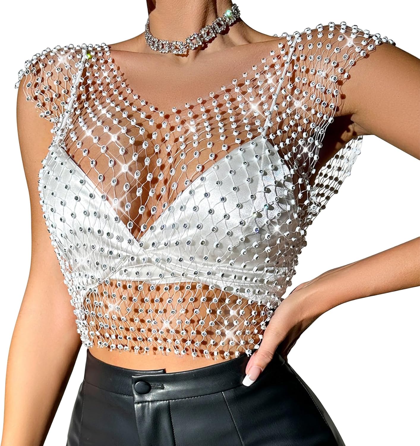 Rhinestone Crystal Crop Top, Long Sleeve Mesh Body Chains, See Through Mesh Diamond Fishnet Shirts Outfits