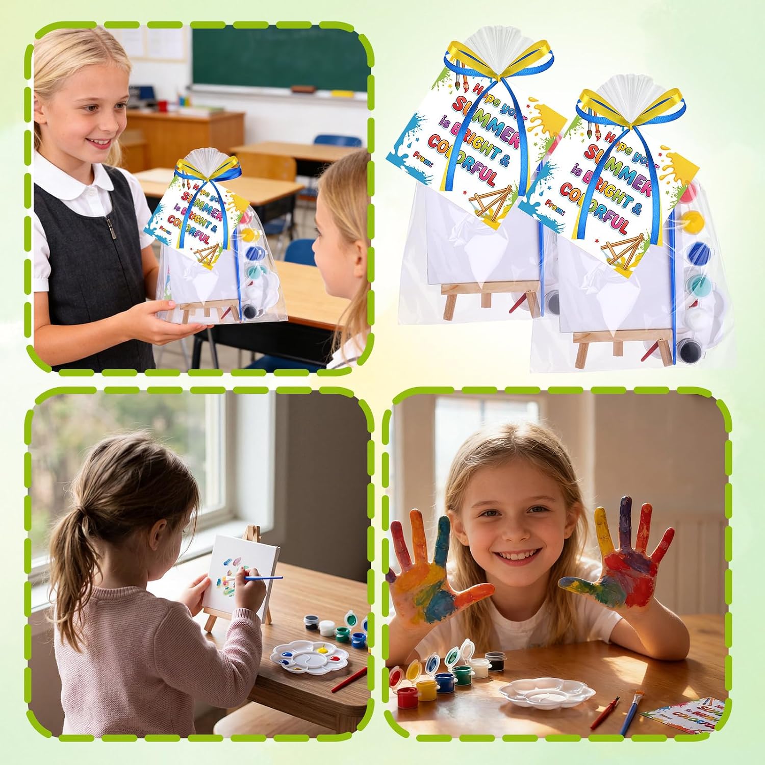 Colarr 24 Sets Summer Party Favors Gifts Bulk Mini Canvas Water Color Paint Set 4 x 4 inch Small Canvases for Painting with Wood Easel Mini Painting Canvas Card Gift Bag for Back to School Classroom