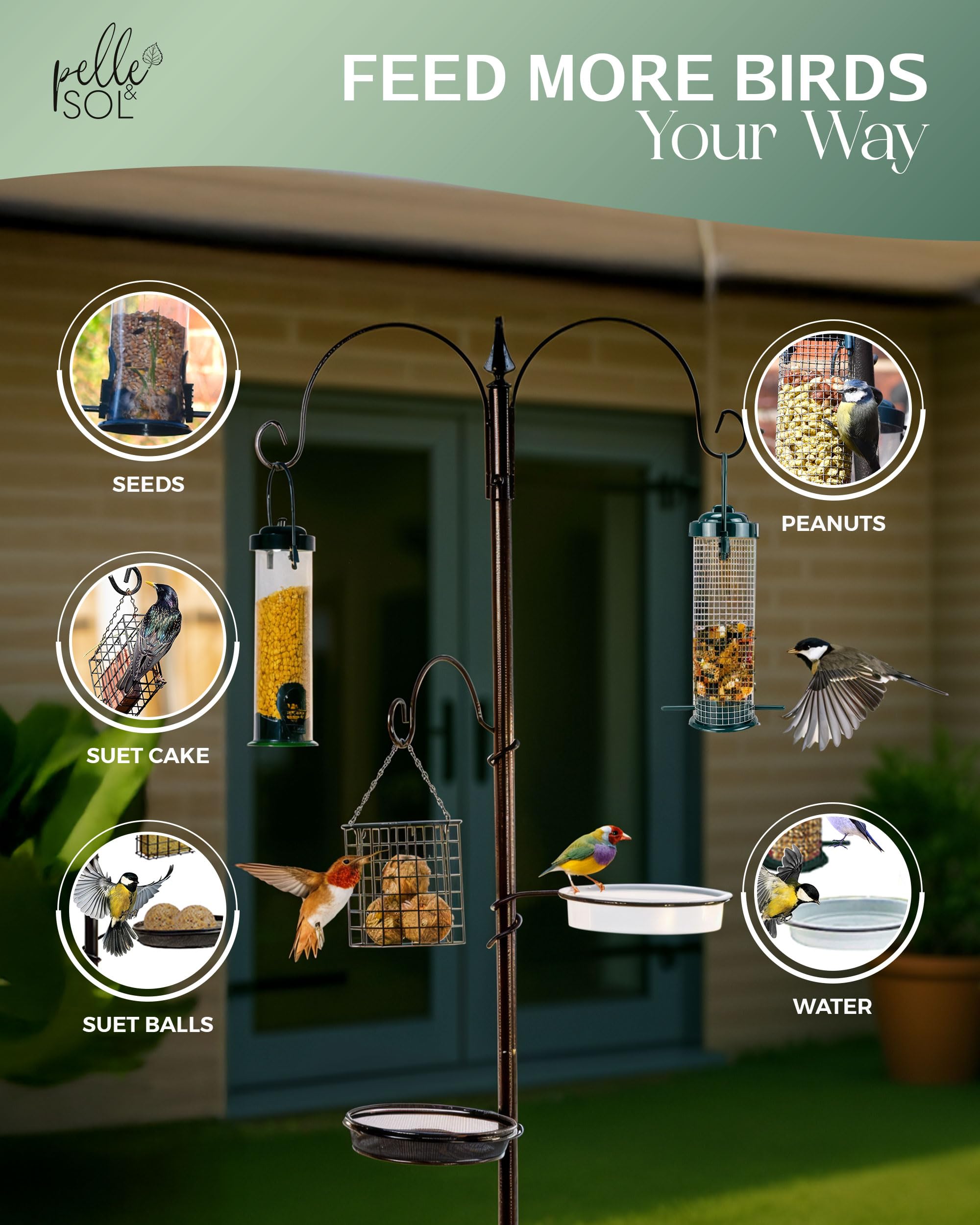 Pelle & Sol Bird Feeder with 3 Feeders & 2 Dishes | Bird Feeders Hanging Station, Bird Feeding Stations for the Garden, Bird Feeders for Small Birds — view 5