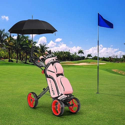 Miniatura 8 de GYMAX Carrito de golf plegable, carrito de golf ajustable de altura de 4 ruedas con soporte flexible para paraguas, portavasos y freno de pie,