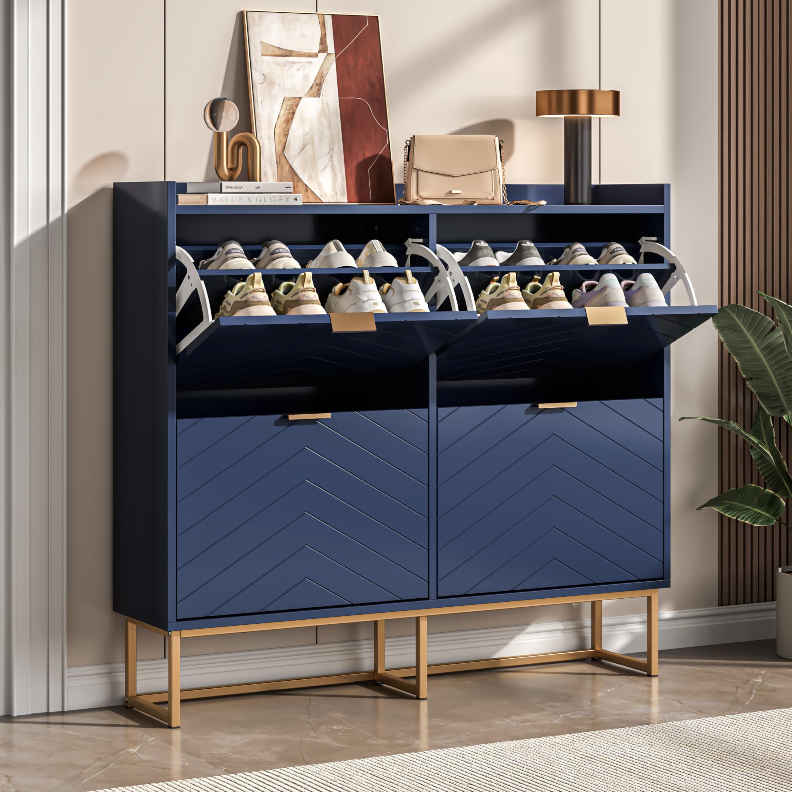 UEV Slim Shoe Storage Cabinet with 4 Flip Drawers, Hidden Shelf & Modern V-Line Design – Shoe Organiser for Entryway, Hallway or Living room, Navy Blue — image 1