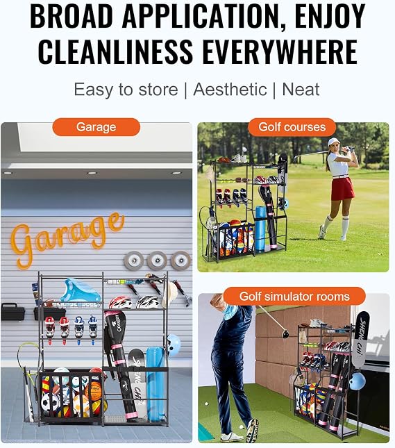 VEVOR Golf Bag Organizer, Golf Bag Storage Rack Stand Holder, Sports Equipment Storage Rack, Golf Storage Organizer for Garage, Sports Gear, Toys Storage Rack Hooks