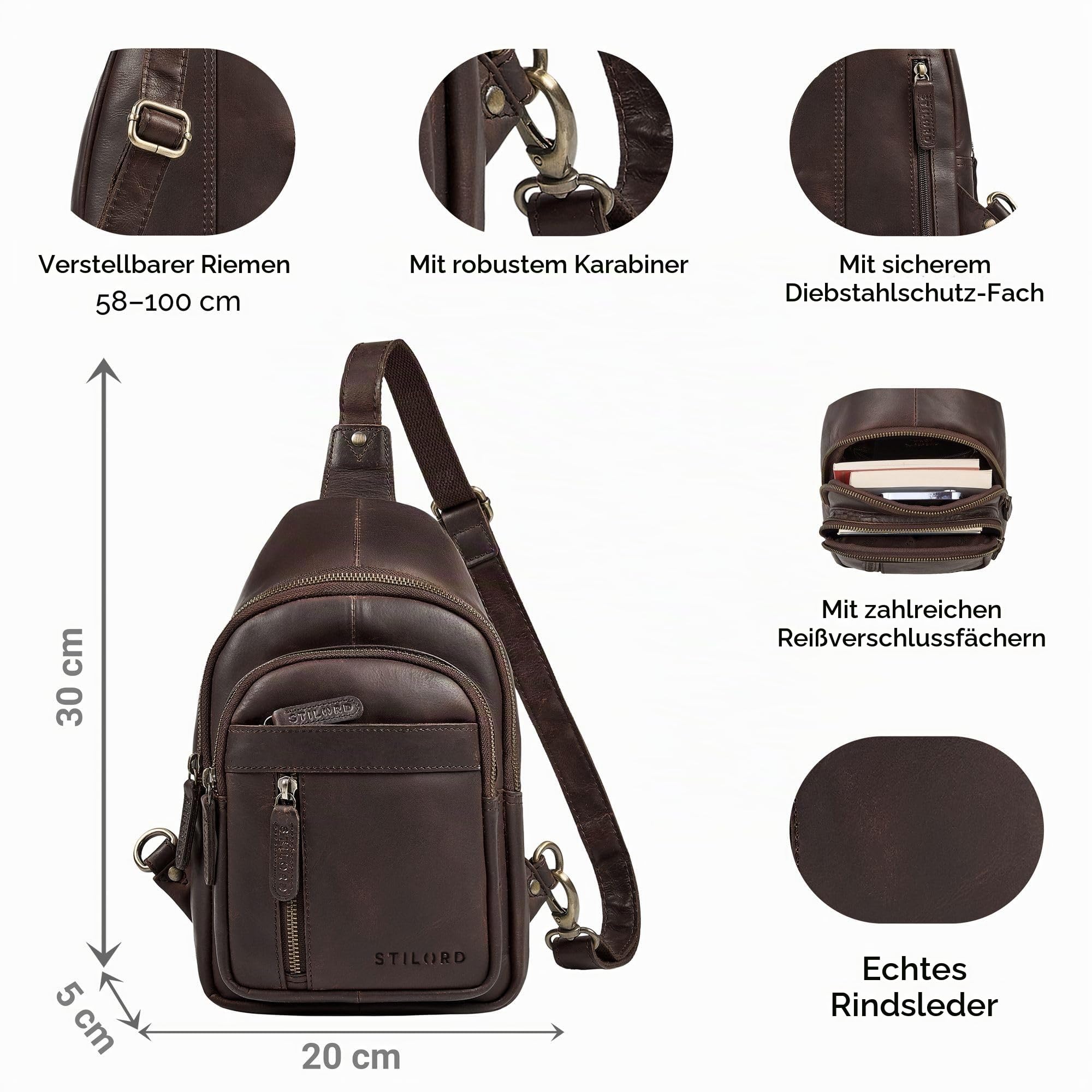 STILORD "Montego 2-in-1 Sling Bag Herren Leder Brusttasche Schultertasche | Große Ledertasche Crossover Chest Bag Echtleder Umhängetasche Herrentasche zum Umhängen Farbe:schwarz