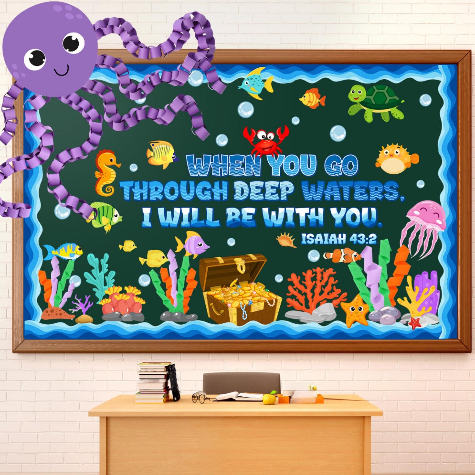 Fullhawl 253 Pcs Under The Sea Bulletin Board 3D Sea Animals Classroom Decorations Ocean Bulletin Board Borders DIY Octopus Christian Bible Verse