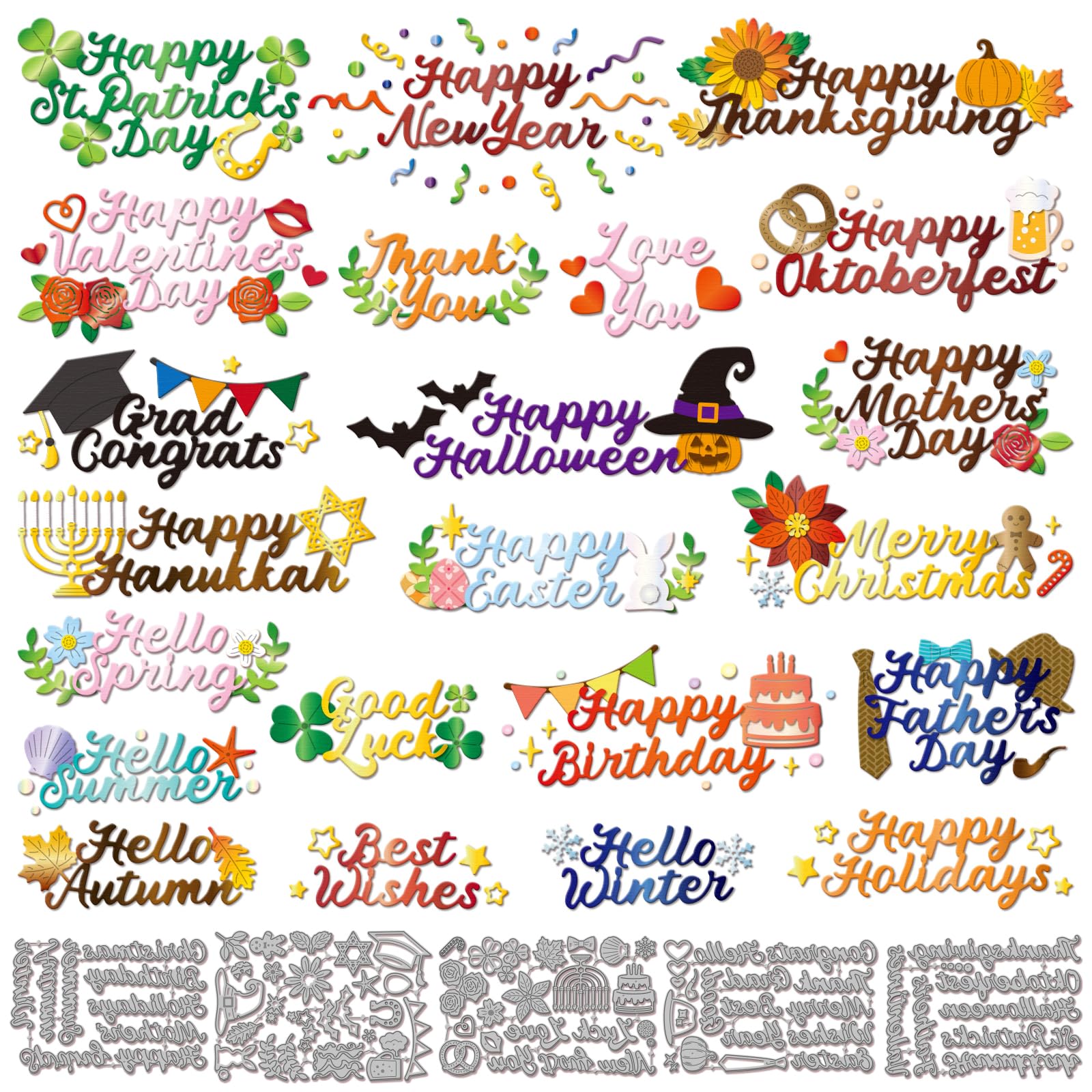 GLOBLELAND Holiday Greetings Cutting Dies Festive Season Text Metal Die Cuts Halloween Christmas Cutting Embossing Templates for Scrapbooking Crafts Paper Cards Making