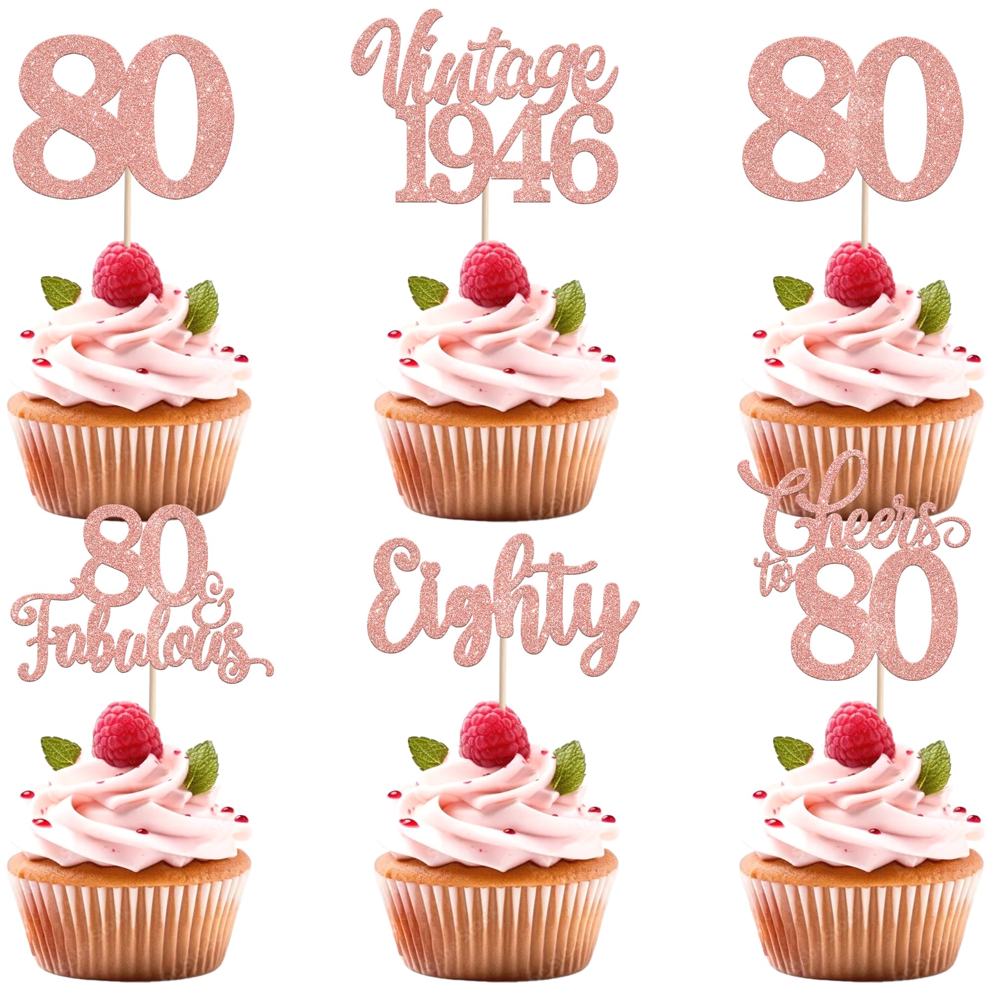 30 Pack Happy 80th Birthday Cupcake Toppers Glitter Hello 80 Eighty Vintage 1946 Cupcake Picks Cheers to 80 Party Decorations for 80th Birthday Anniversary Party Cake Decorations Rose Gold — image 1