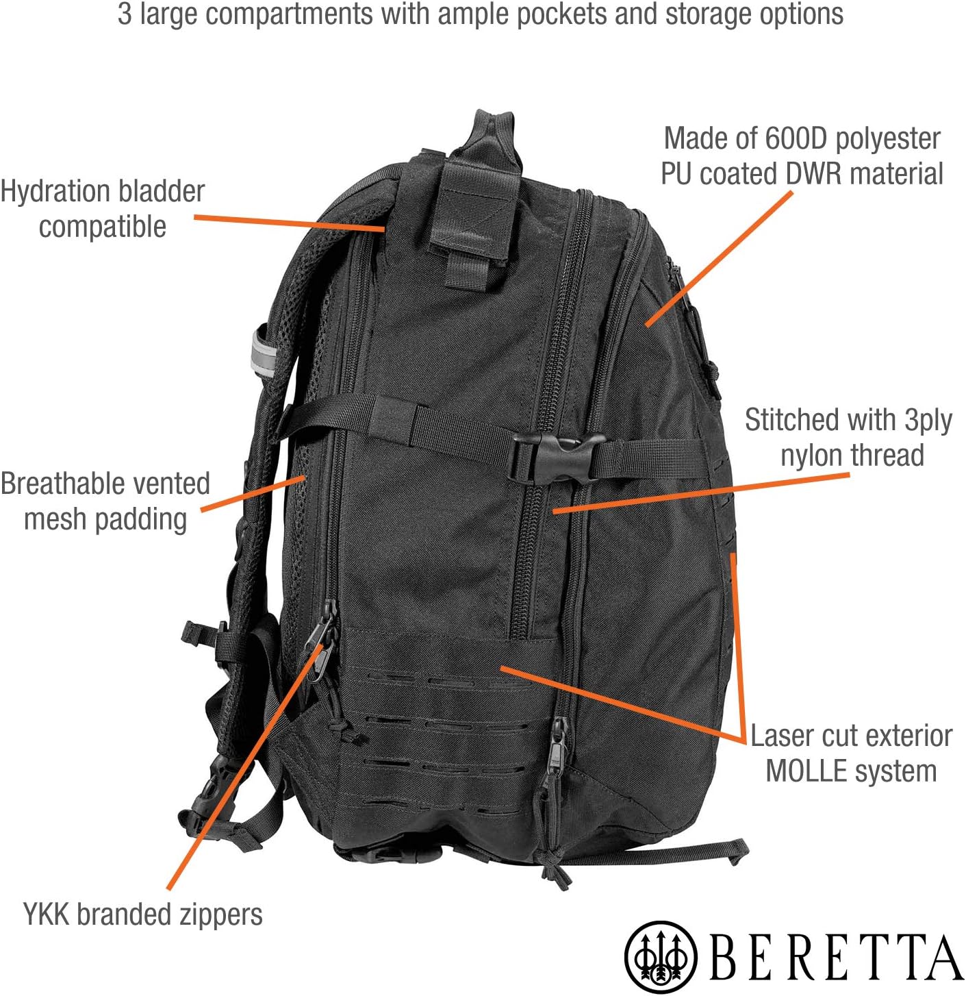 Beretta 29L Tactical High-Performance Medium-Sized Easy-Access DWR Backpack, Black, Large (Model: BS861001890999UNI)