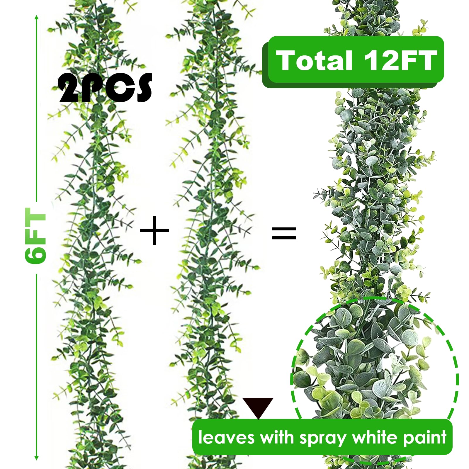 Ghirlanda di eucalipto finta, 1,8 m, confezione da 2 viti artificiali da appendere, foglie di eucalipto con fiori bianchi, ghirlanda verde per sfondo nuziale, decorazione da parete, per interni ed