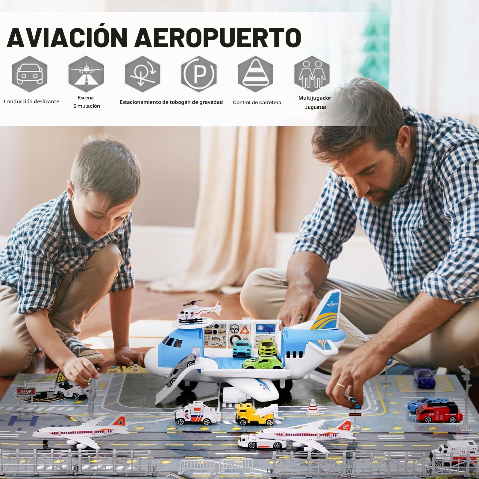 Transporte Avión Juguete Coche Juguete Total 15 medios de transporte con señales de tráfico y alfombrillas de juego, helicóptero aparcamiento juego de juego regalo para niños 3+ niños niñas