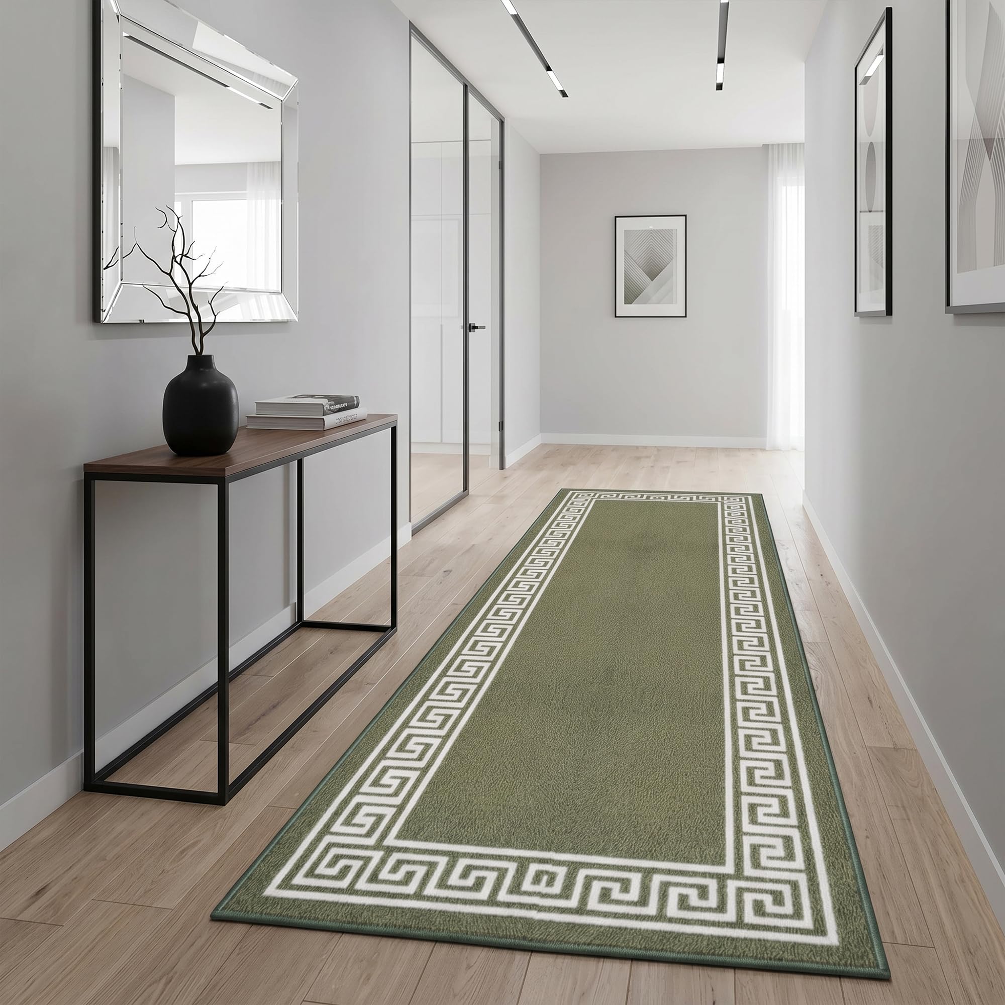 Rugs Haven - Elysia Washable Hallway Carpet Runners, Non-Slip Floor Mats for Kitchen, Living Room, Corridor, Entryway, Door Entrances (Green & Cream, 66x220cm)