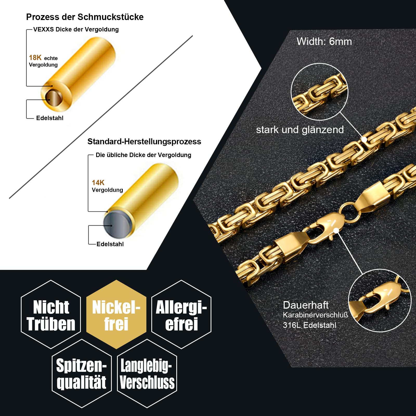 VEXXS Königskette 4/6mm 18K Gold beschichtet Edelstahl Byzantinische Goldkette 45-65cm