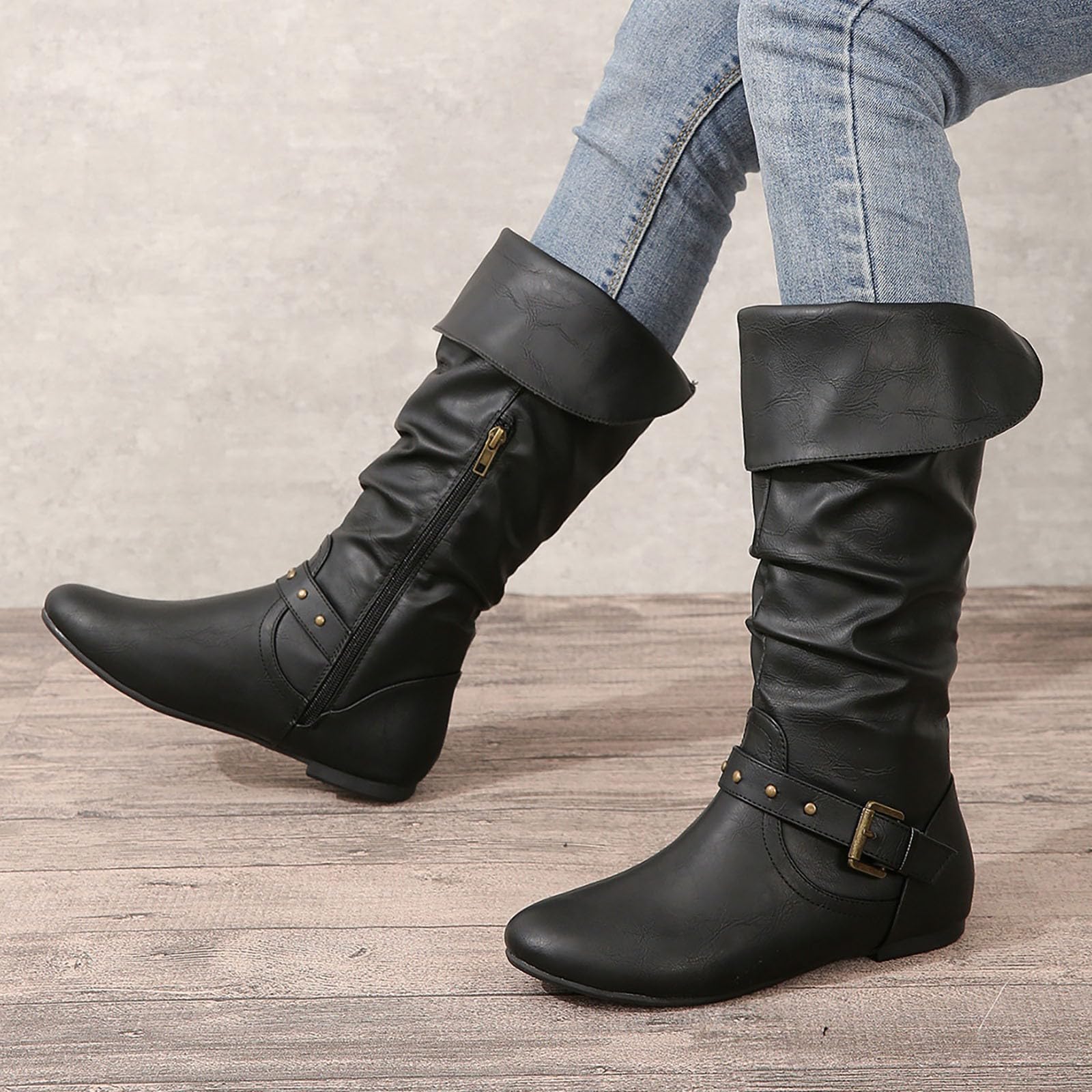Botas de Invierno Mujer Botas hasta la Rodilla de Cuero Color sólido para Mujer, Moda con Hebilla cinturón y Manga Redonda Negra versátil