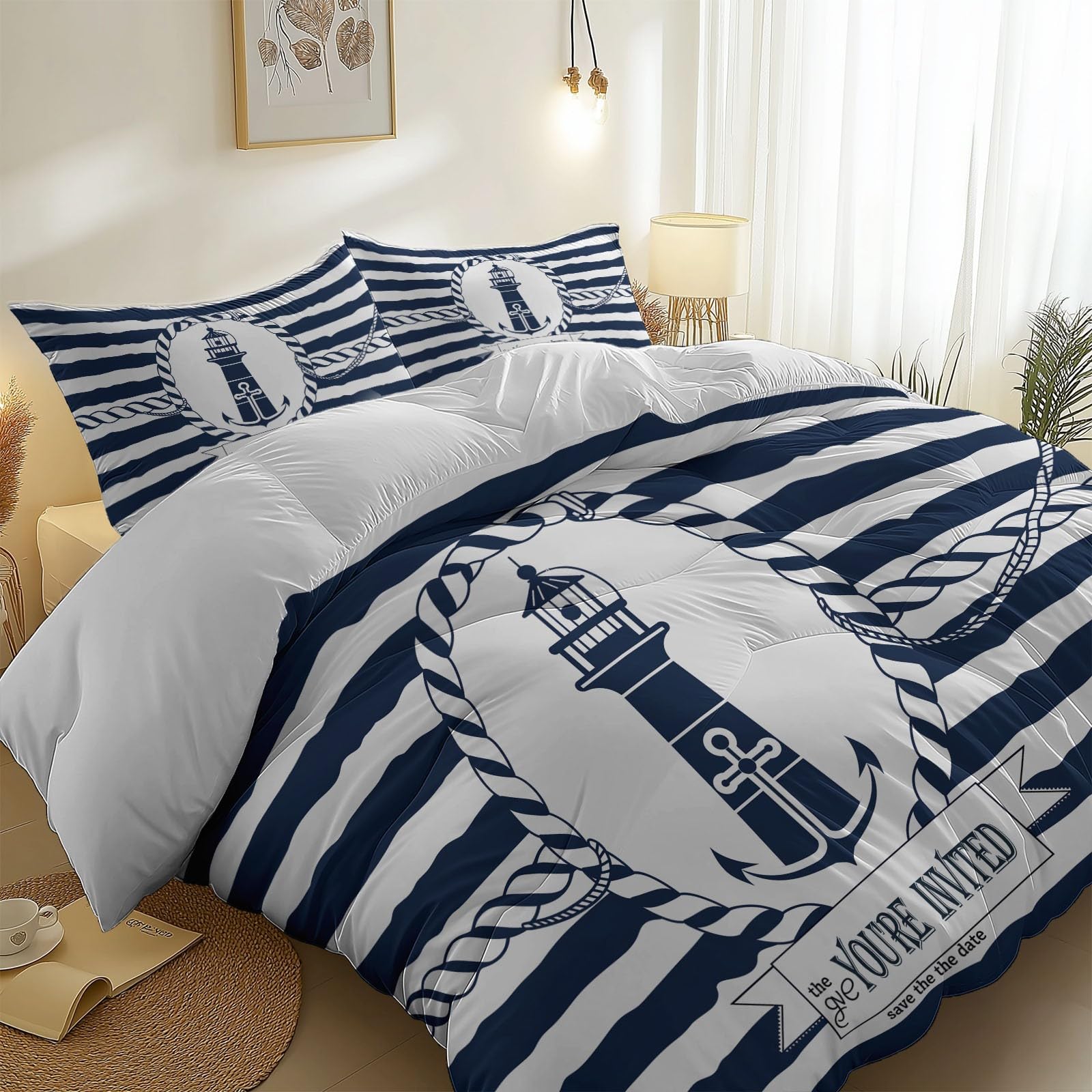 Generico Set copripiumino Nautico Linea Mezzo Marinaio Matrimoniale deluxe in microfibra, 3 pezzi Copripiumini da 180 × 220 cm e 2 federe da 50 x 80 cm, Bianco
