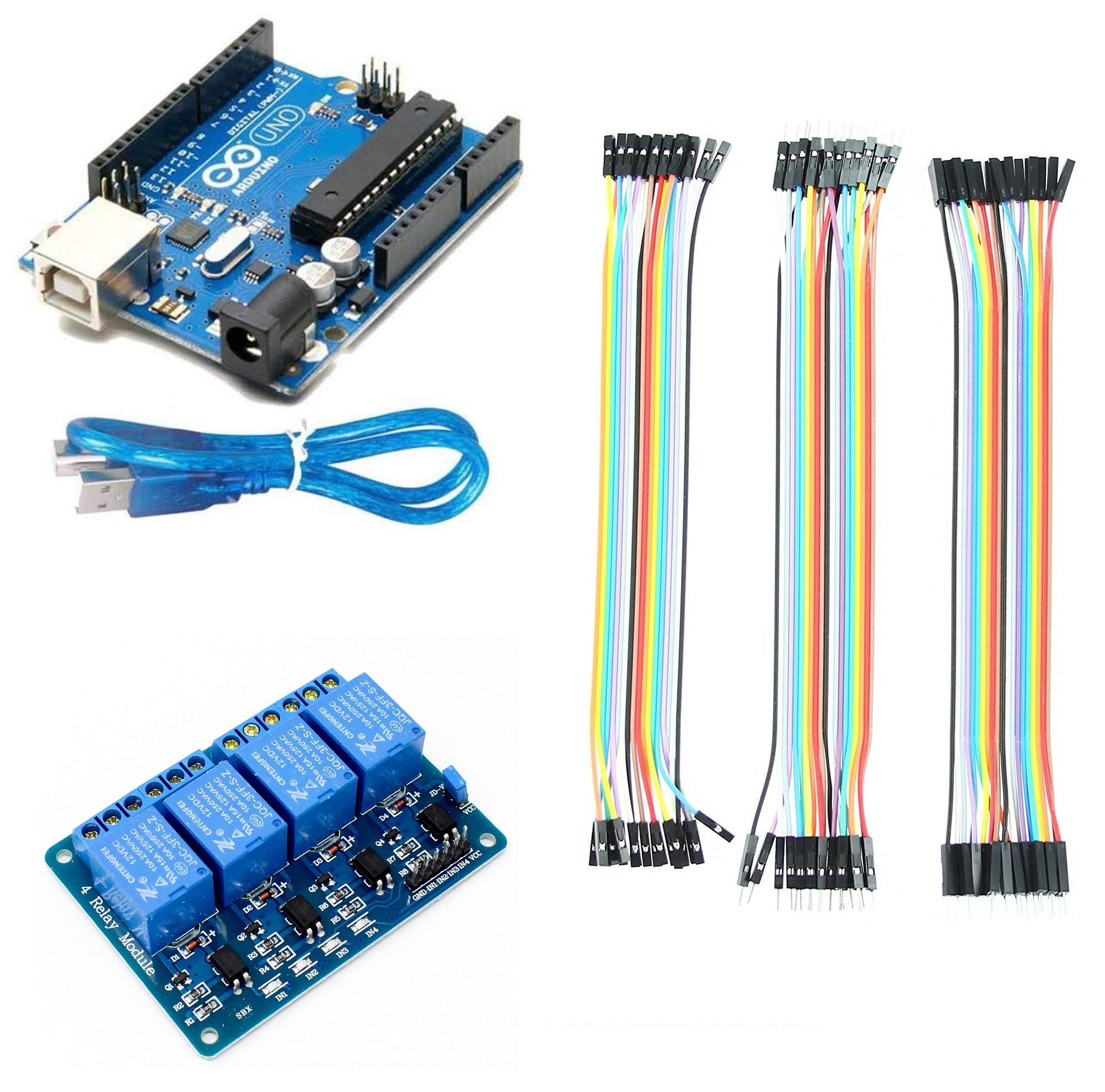 Robotbanao4-Channel 5V Relay Module + 200mm (20cm) DuPont Jumper Wires 60 pcs + UNO R3 Atmega328P Compatible Development Board - Combo