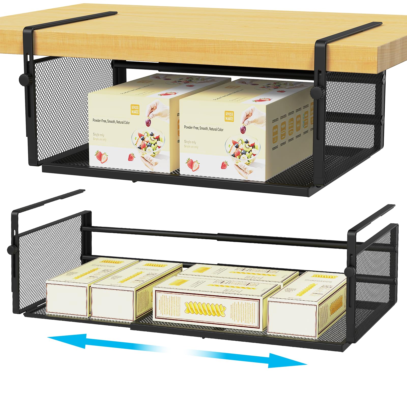 2Pack Expandable Under Shelf Storage,Adjustable Under Desk Storage,Hanging Basket Shelves Length Stretchable 38-57.5cm(14.9-22.6inch)for Kitchen Pantry Desk Counter Bookshelf Cupboard (Black)